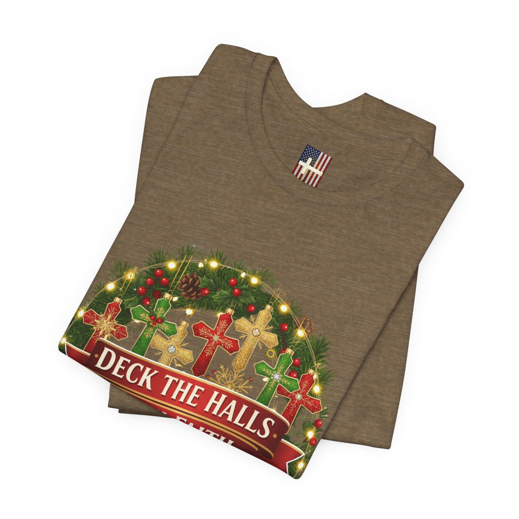 🎄 Deck the Halls with Faith – Christian Christmas T-Shirt | Cross Ornament Design & Festive Garland | Bold Holiday Faith Tee by Uplifted Gear Printify