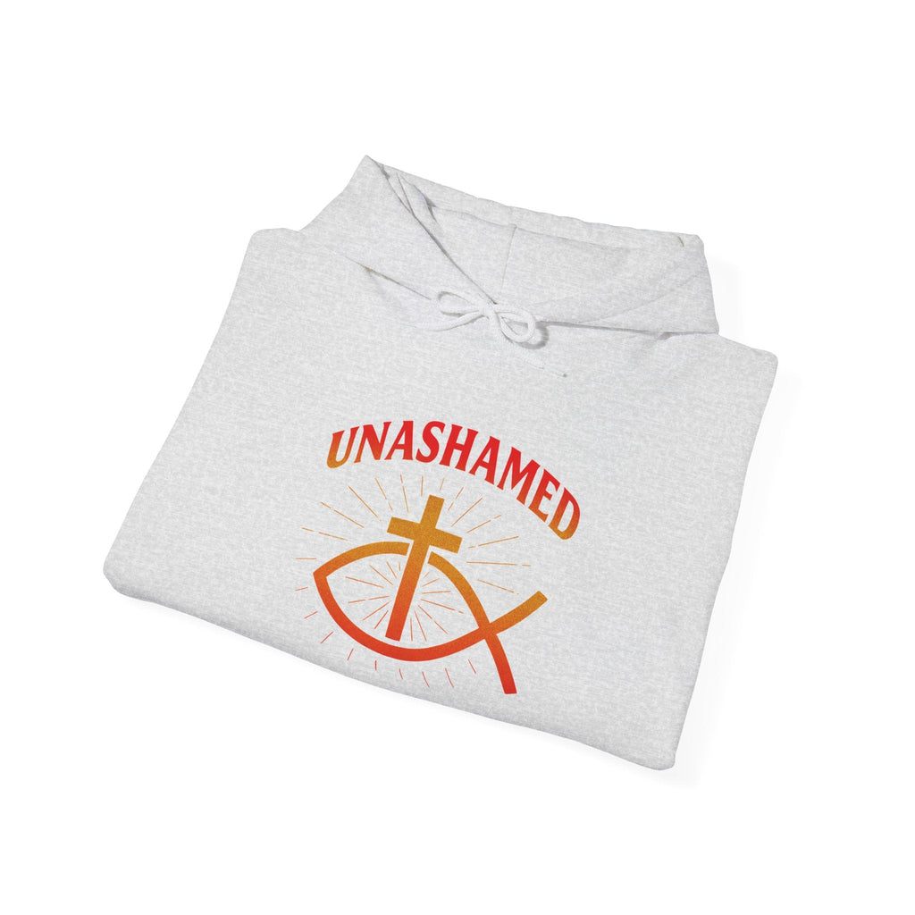 Unashamed Hoodie – Ichthys Jesus Fish & Cross Christian Sweatshirt for Romans 1:16 Bold Faith Printify