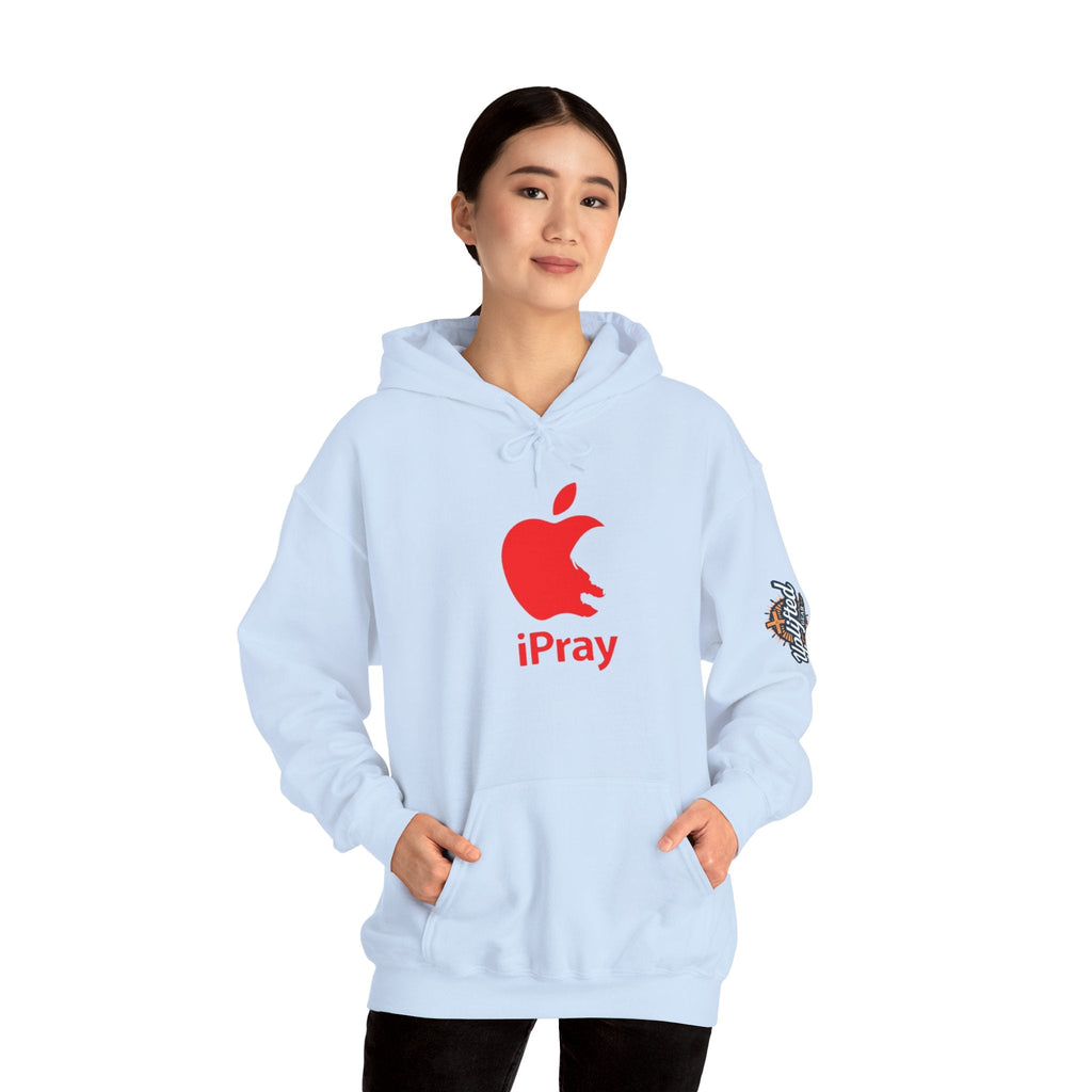 iPray Apple Logo Hoodie — Funny Christian Hoodie (Minimal Red Apple Graphic) Printify