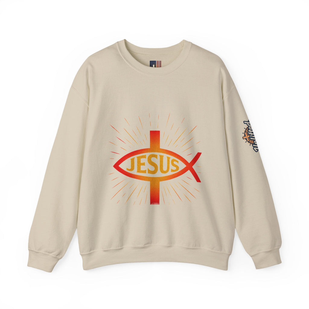 Jesus Ichthys Sweatshirt – Christian Fish Symbol with Cross & Jesus Inscription Sweatshirt for Eternal Faith & Streetwear Printify
