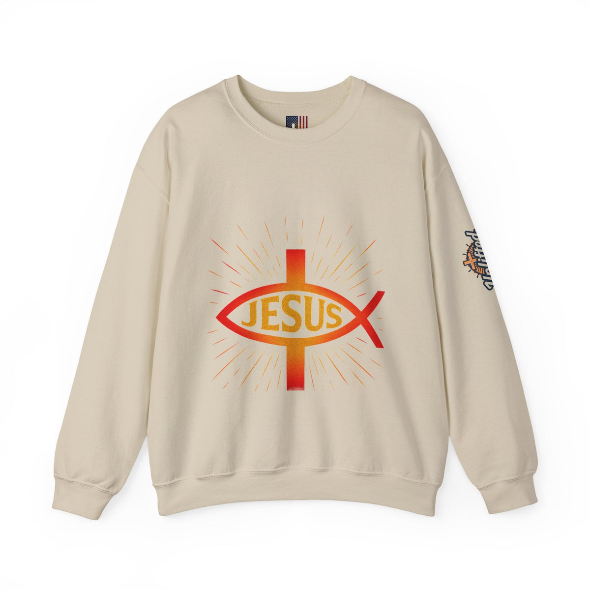 Jesus Ichthys Sweatshirt – Christian Fish Symbol with Cross & Jesus Inscription Sweatshirt for Eternal Faith & Streetwear Printify