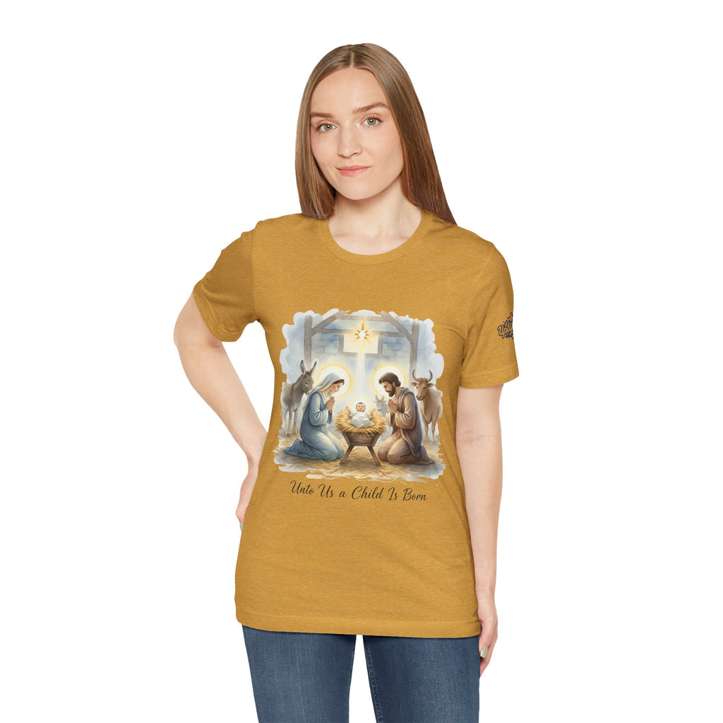 Unto Us a Child is Born T-shirt – Isaiah 9:6 Nativity Manger Scene Christian Christmas T-shirt for Holy Night Faith Printify