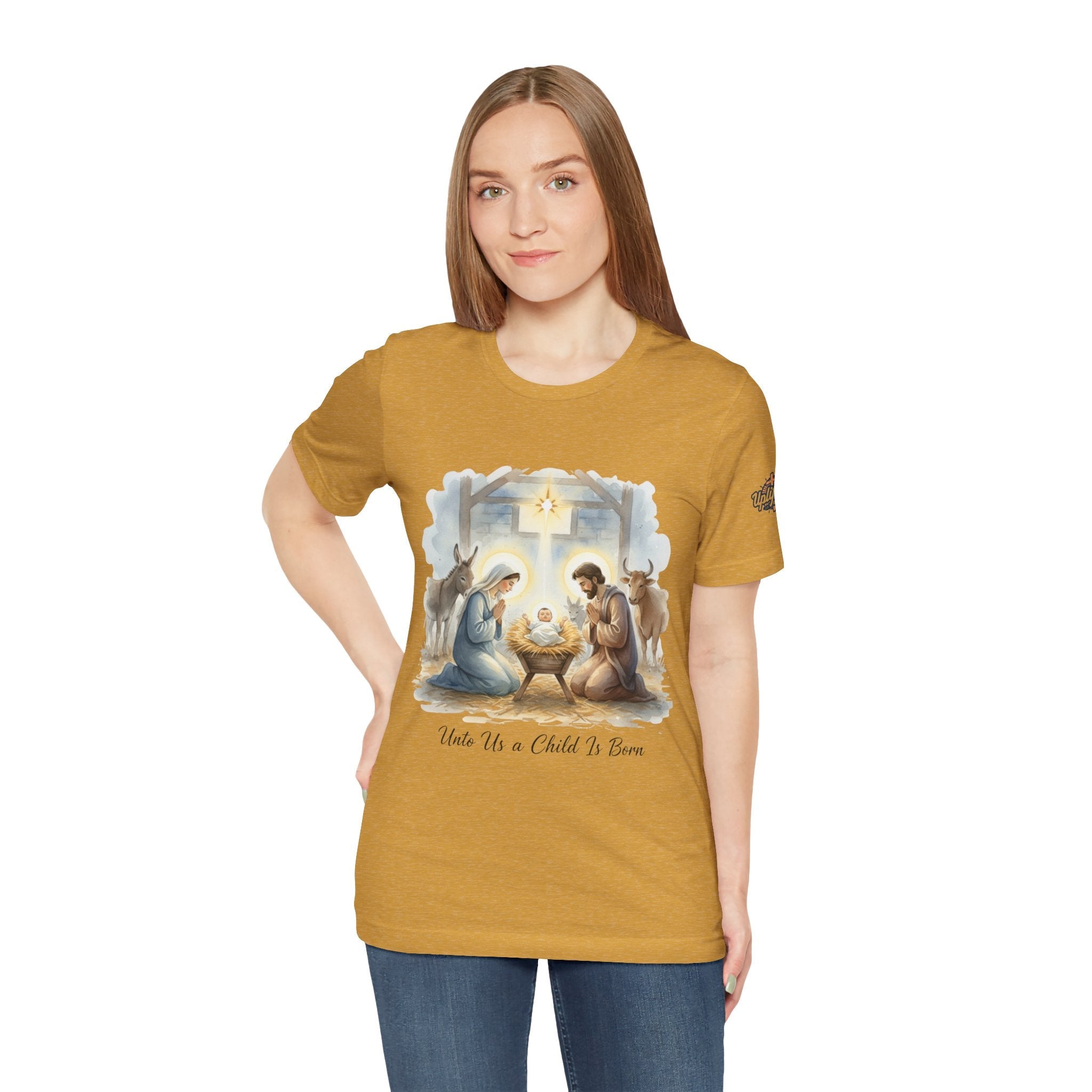 Unto Us a Child is Born T-shirt – Isaiah 9:6 Nativity Manger Scene Christian Christmas T-shirt for Holy Night Faith Printify