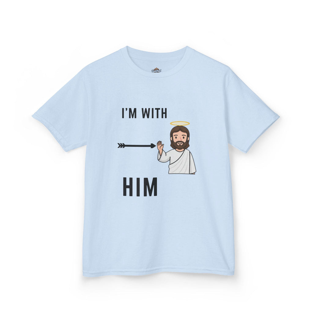 🔥 I’m With Him → Christian Kids T-Shirt | Arrow Pointing to Jesus | Minimalist Faith Tee | Subtle Cross Design | Bible-Inspired Apparel by Uplifted Gear Printify