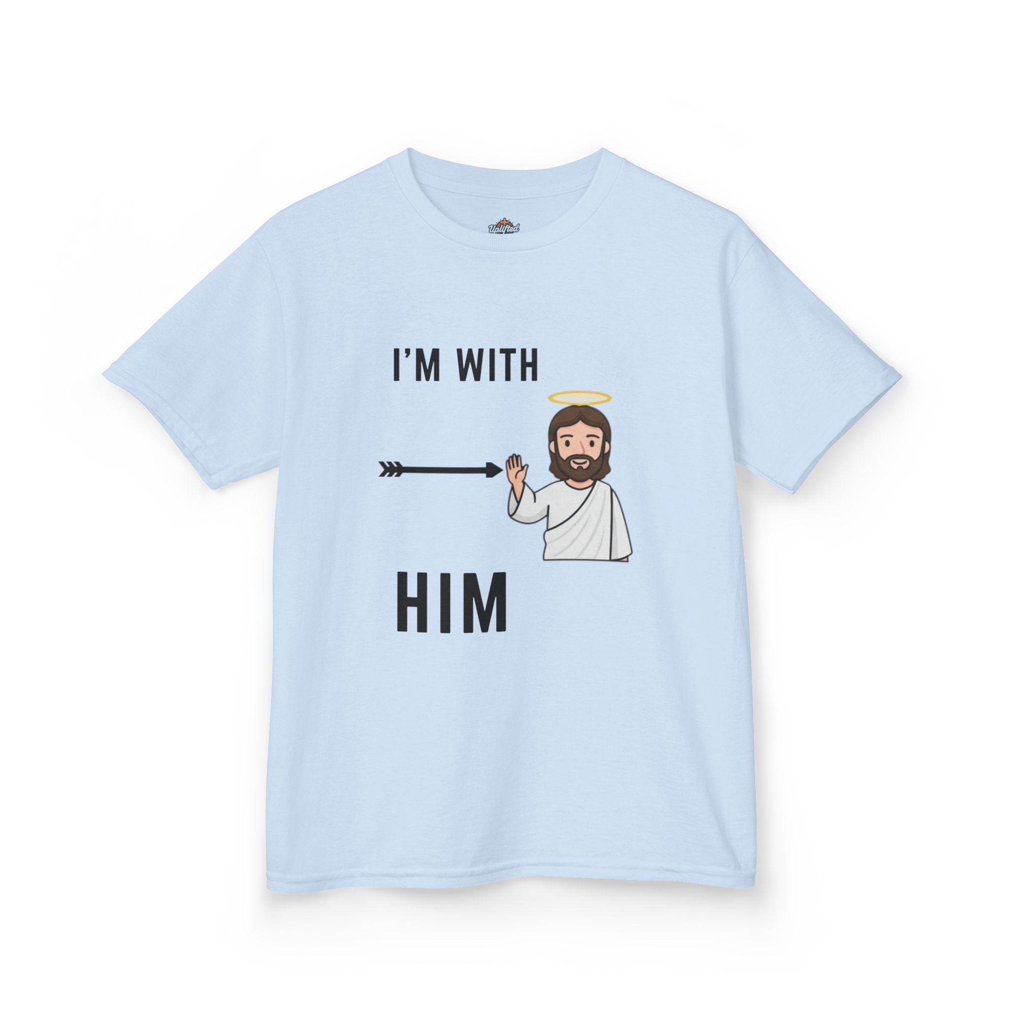 🔥 I’m With Him → Christian Kids T-Shirt | Arrow Pointing to Jesus | Minimalist Faith Tee | Subtle Cross Design | Bible-Inspired Apparel by Uplifted Gear Printify