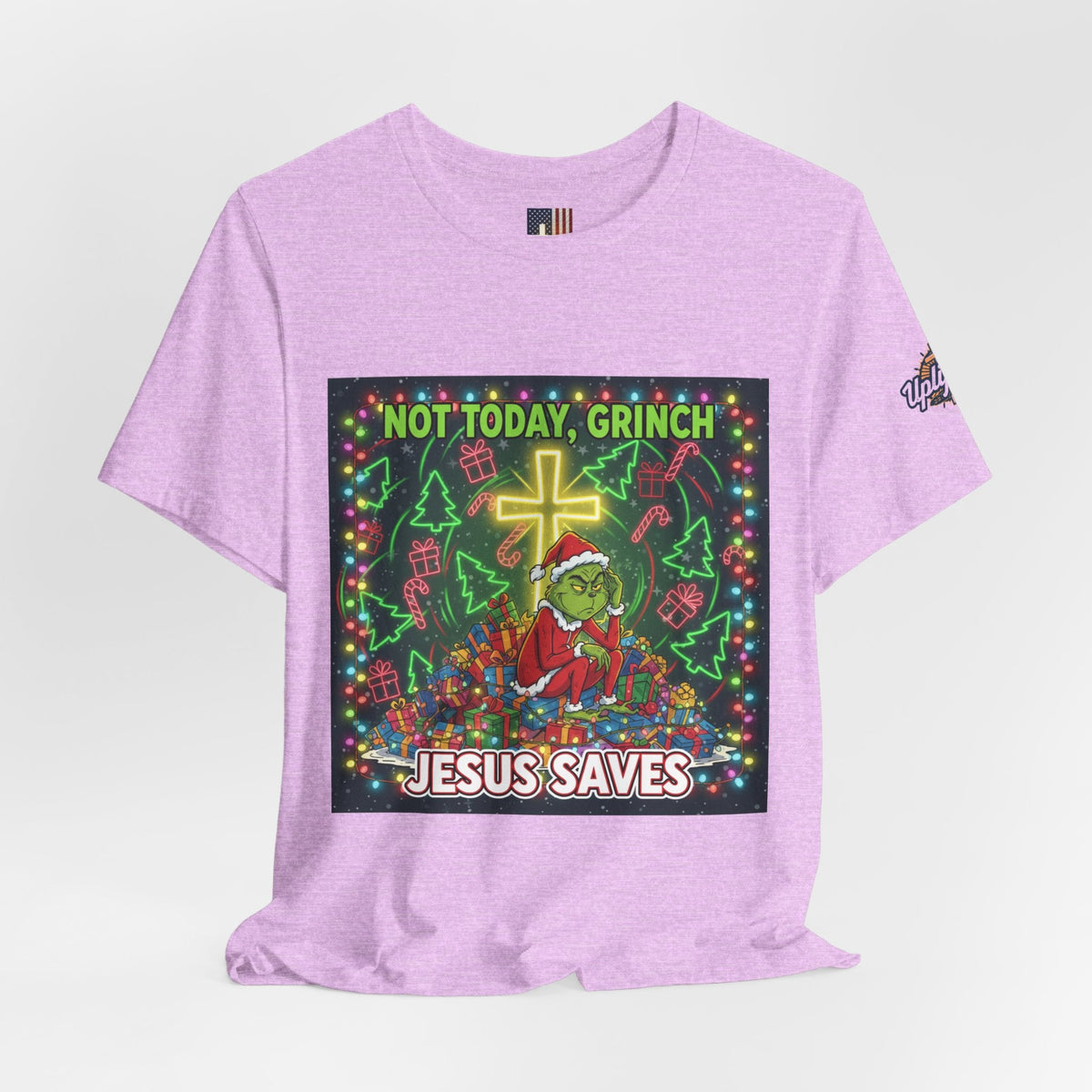 🎄 Not Today, Grinch – Jesus Saves | Funny Christian Christmas T-Shirt | Festive Green & Red Cartoon Style | Bold Faith Holiday Tee by Uplifted Gear Printify