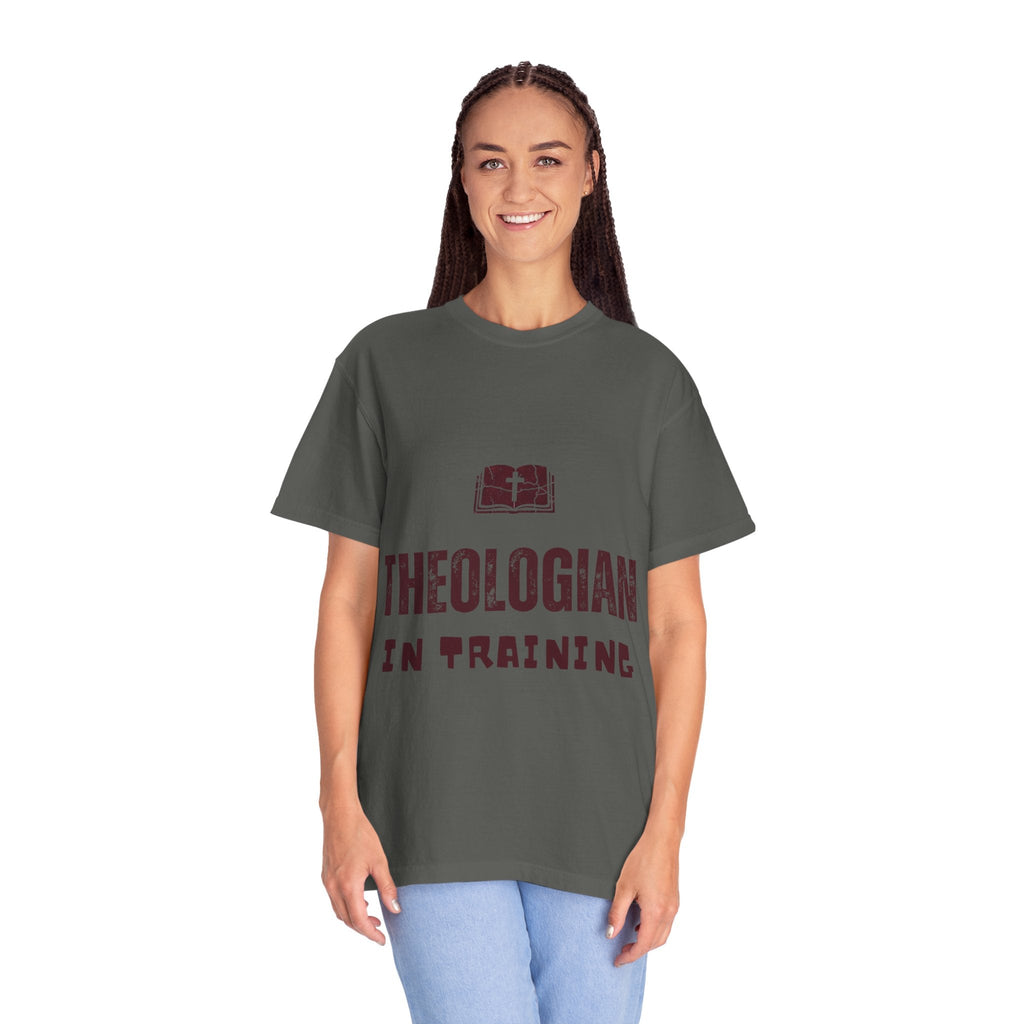 Theologian in Training T-Shirt – Open Bible & Cross Christian Tee for Faithful Learners Printify