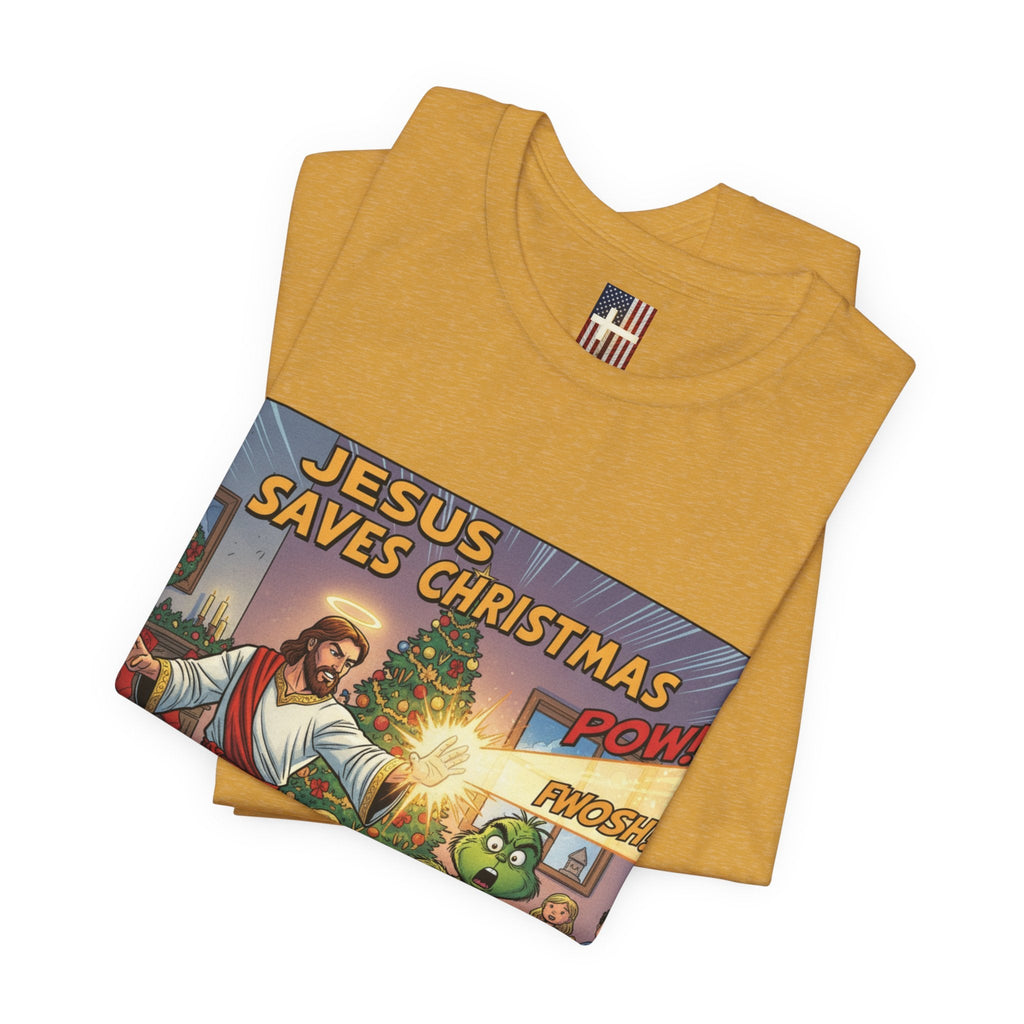 Jesus Saves Christmas T-shirt – Grinch vs Savior Light Battle Christian T-shirt for Hilarious Holiday Faith & True Joy Printify