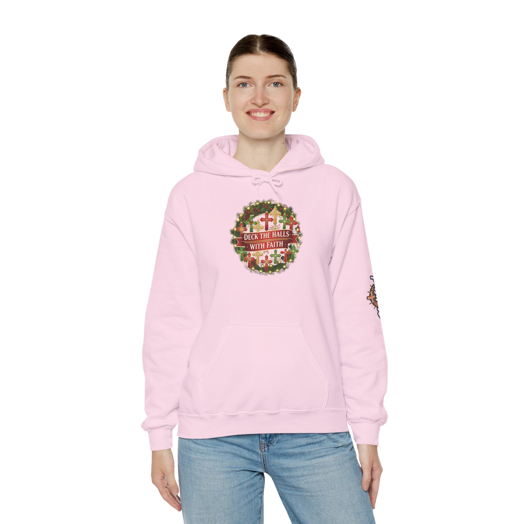 🎄 Deck the Halls with Faith – Christian Christmas Hoodie | Cross Ornament Design & Festive Garland | Bold Holiday Faith Tee by Uplifted Gear Printify