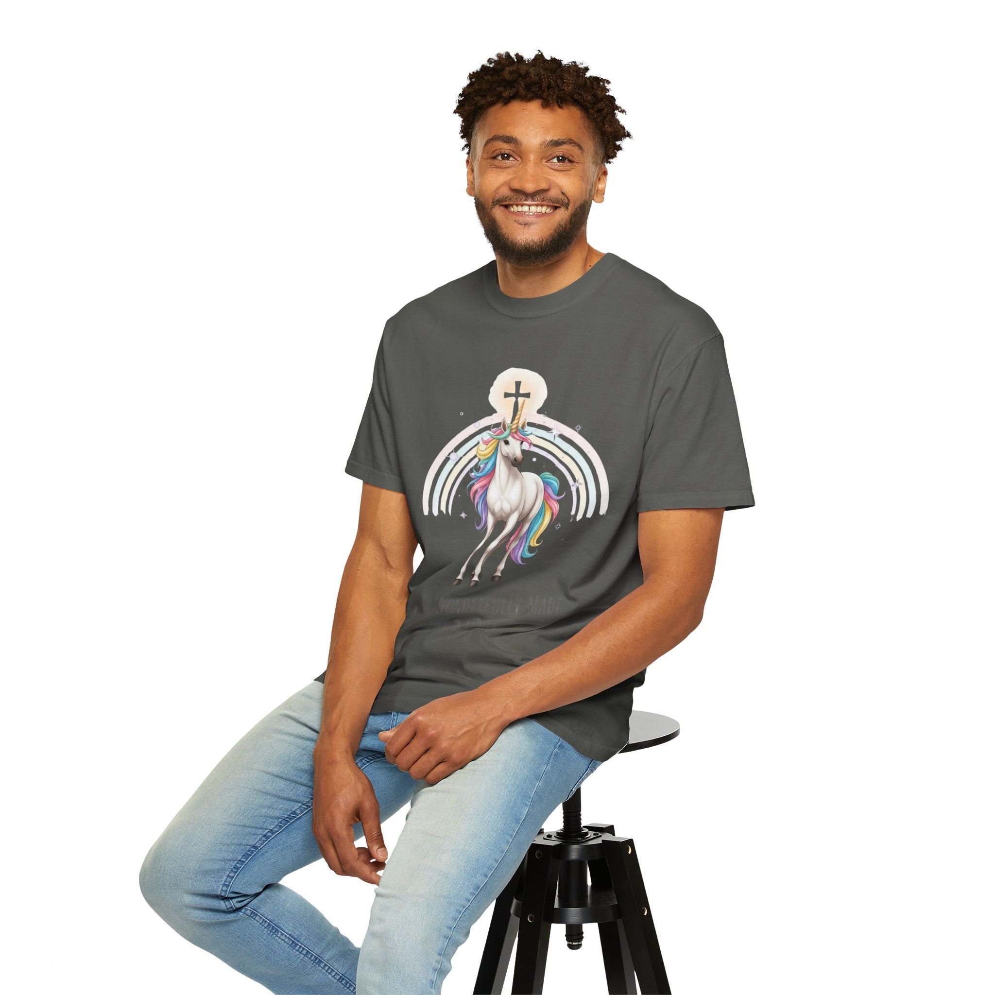 Unique Unicorn Christian T-Shirt – Wonderfully Made with Rainbow Cross & Psalm 139:14 Printify