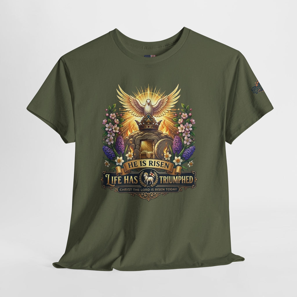 He Is Risen "Life Has Triumphed" T-Shirt — Easter Resurrection Christian Tee Printify