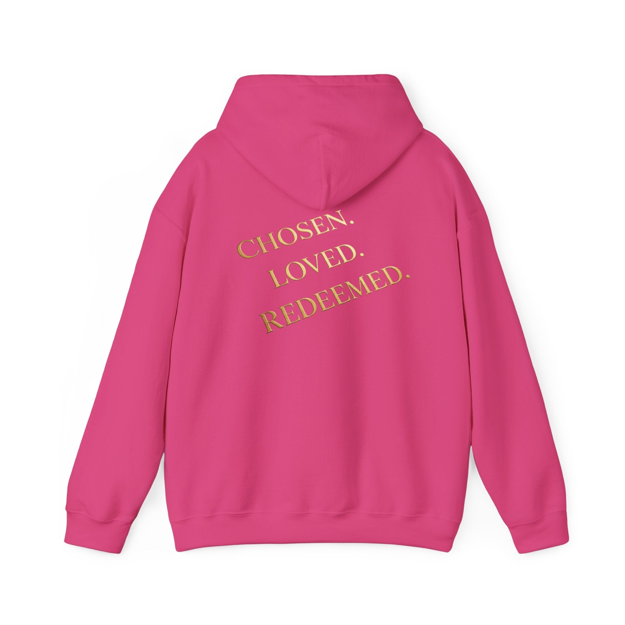 ✨ Chosen. Loved. Redeemed. – Elegant Christian Hoodie | Gold Foil Faith Tee | Subtle Cross & Heart Design | Inspirational Bible Verse Apparel by Uplifted Gear Printify