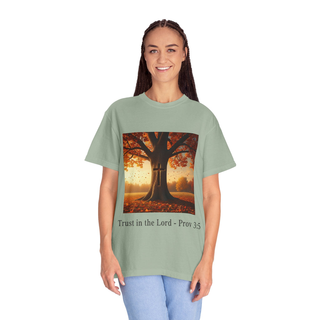 Trust in the Lord T-Shirt – Autumn Tree Christian Tee with Proverbs 3:5 Printify
