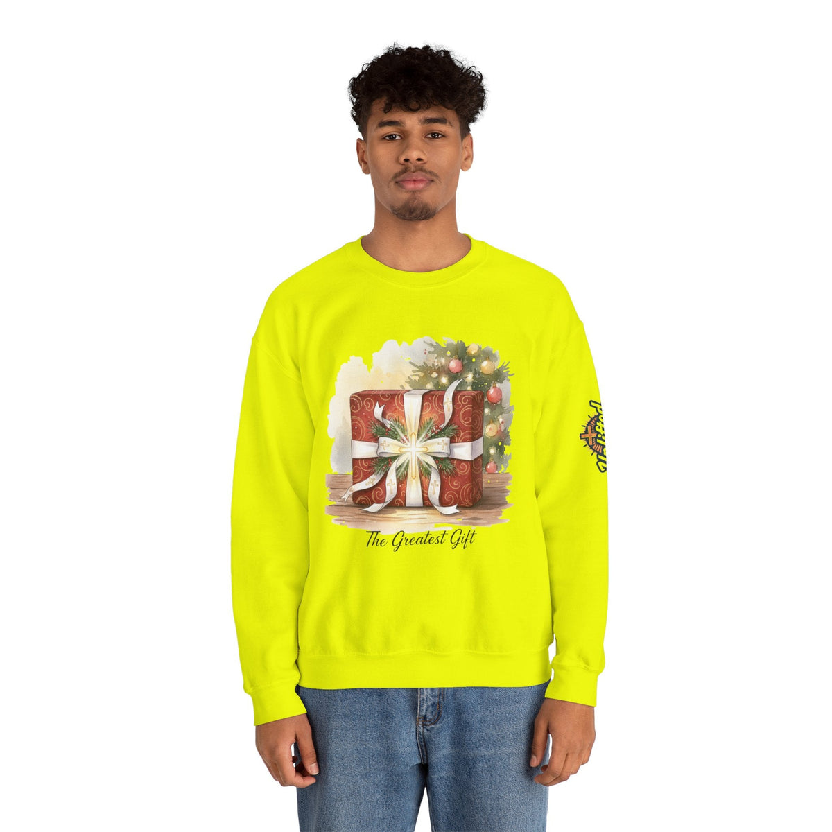 The Greatest Gift Sweatshirt – Cross Bow Present Christian Sweatshirt for Christmas Salvation & Eternal Faith Printify