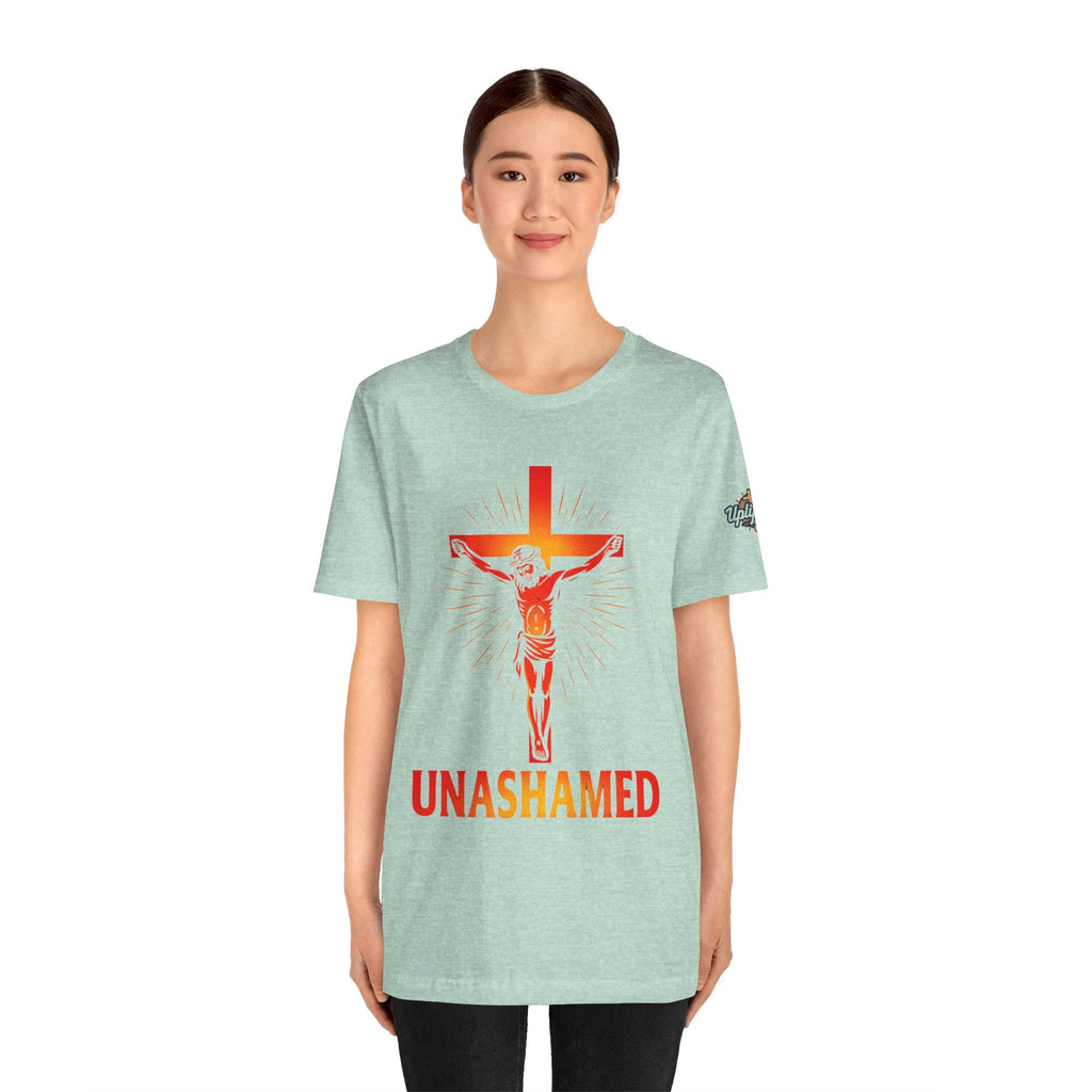 Unashamed T-shirt – Romans 1:16 Crucifixion Christian t-shirt for Bold Unwavering Faith Printify