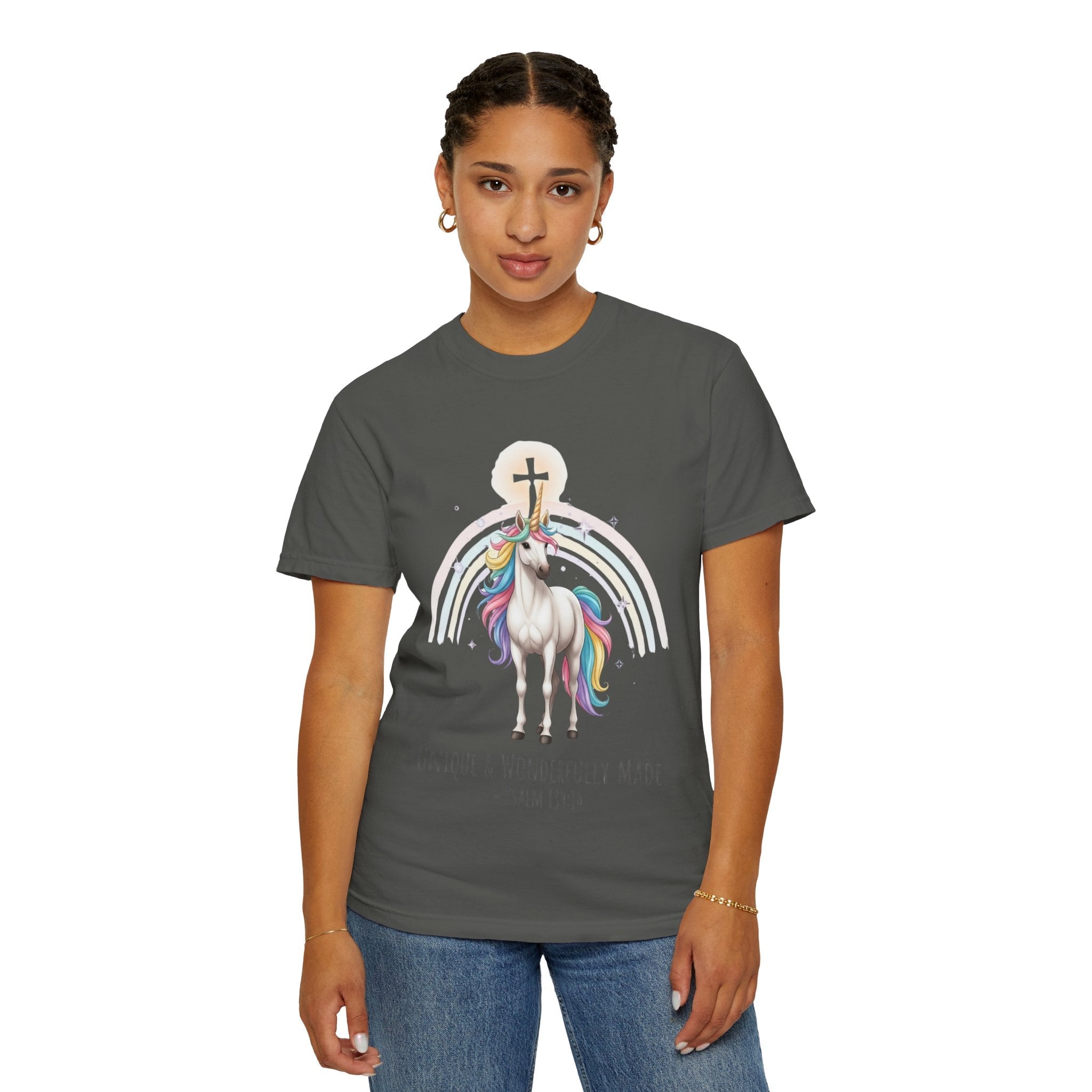 Unique Unicorn Christian T-Shirt – Wonderfully Made with Rainbow Cross & Psalm 139:14 Printify