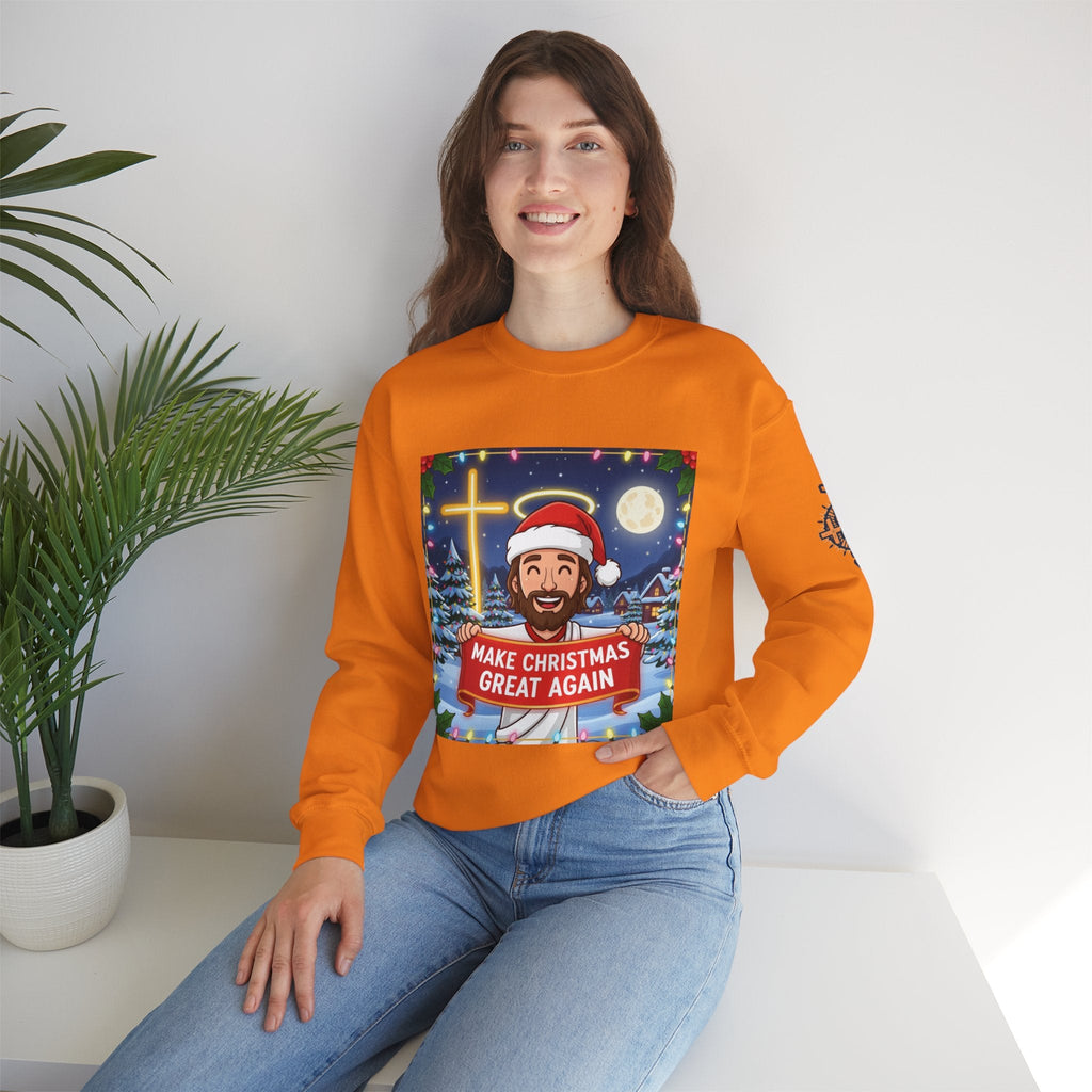 🎄 Make Christmas Great Again – Funny Christian Sweatshirt | Jesus Holding Banner | Faith-Based Holiday Parody Tee | Uplifted Gear Printify