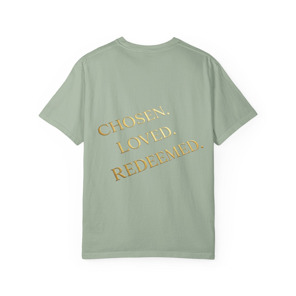 ✨ Chosen. Loved. Redeemed. – Elegant Christian T-Shirt | Gold Foil Faith Tee | Subtle Cross & Heart Design | Inspirational Bible Verse Apparel by Uplifted Gear Printify
