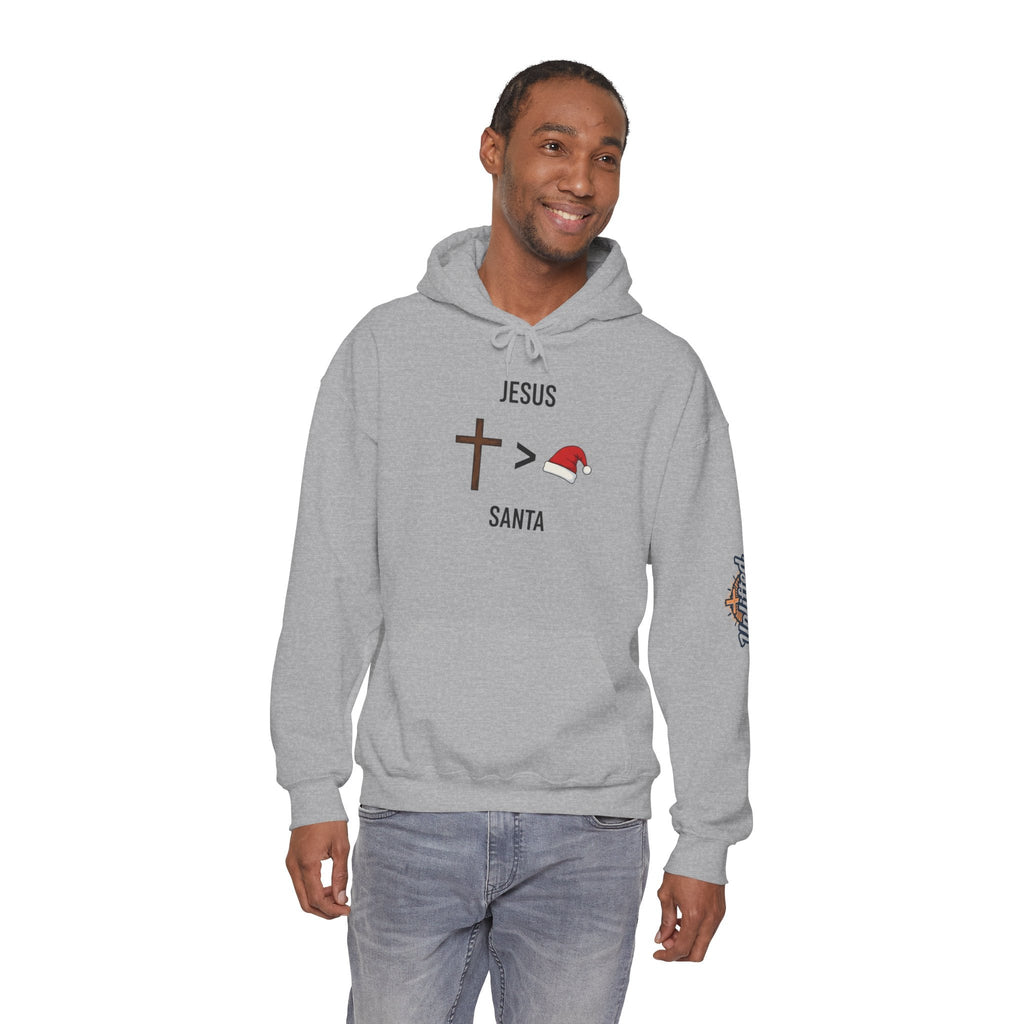 🎄 Jesus > Santa – Minimalist Christian Christmas Hoodie | Bold Faith Over Holiday Tee | Cross vs Santa Hat Design | Uplifted Gear Printify