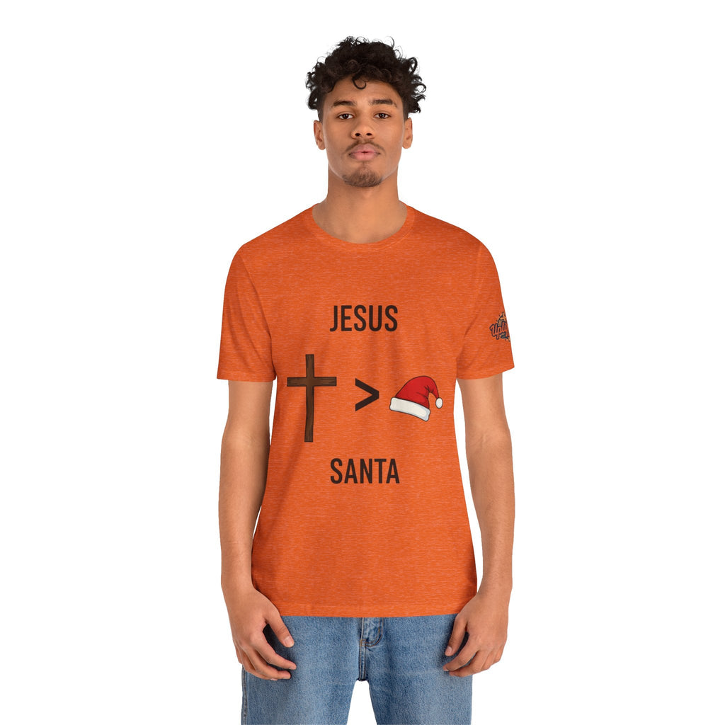 🎄 Jesus > Santa – Minimalist Christian Christmas T-Shirt | Bold Faith Over Holiday Tee | Cross vs Santa Hat Design | Uplifted Gear Printify