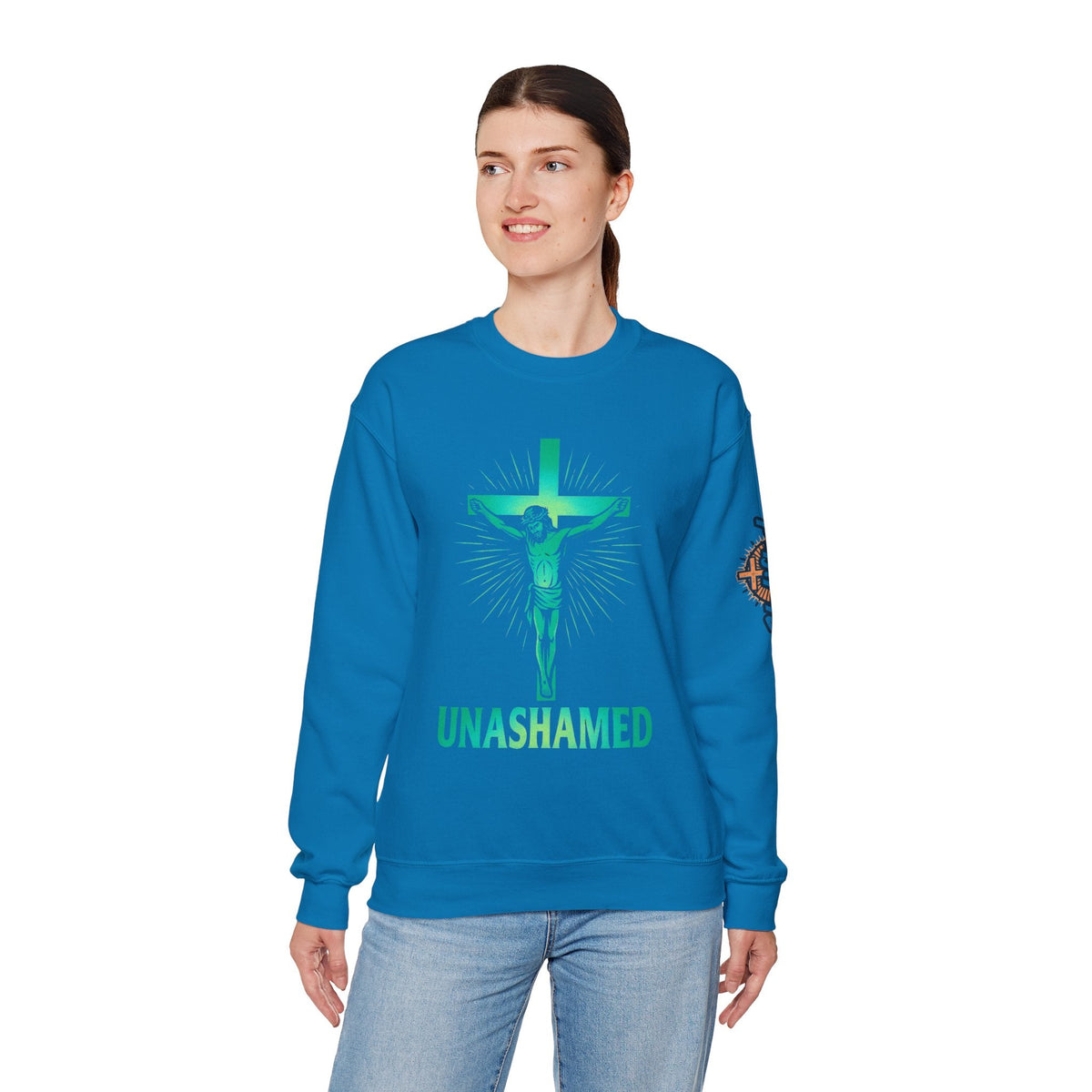 Unashamed Sweatshirt – Romans 1:16 Crucifixion Christian Sweatshirt for Bold Unwavering Faith Printify
