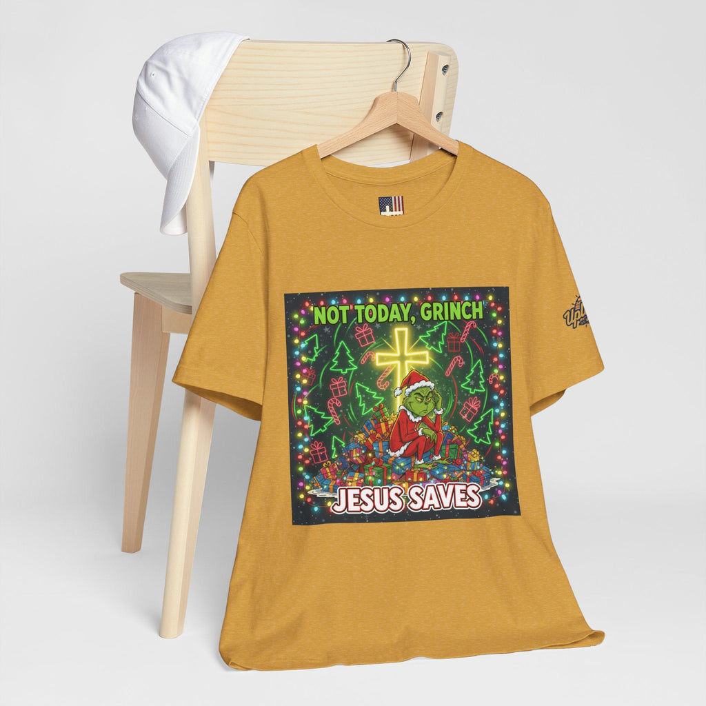 🎄 Not Today, Grinch – Jesus Saves | Funny Christian Christmas T-Shirt | Festive Green & Red Cartoon Style | Bold Faith Holiday Tee by Uplifted Gear Printify