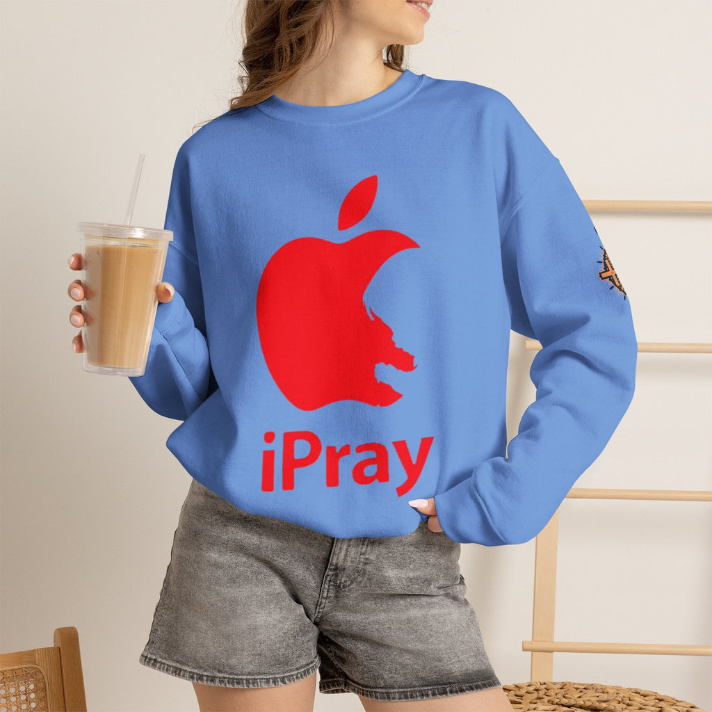 iPray Apple Logo Sweatshirt — Funny Christian Sweatshirt (Minimal Red Apple Graphic) Printify