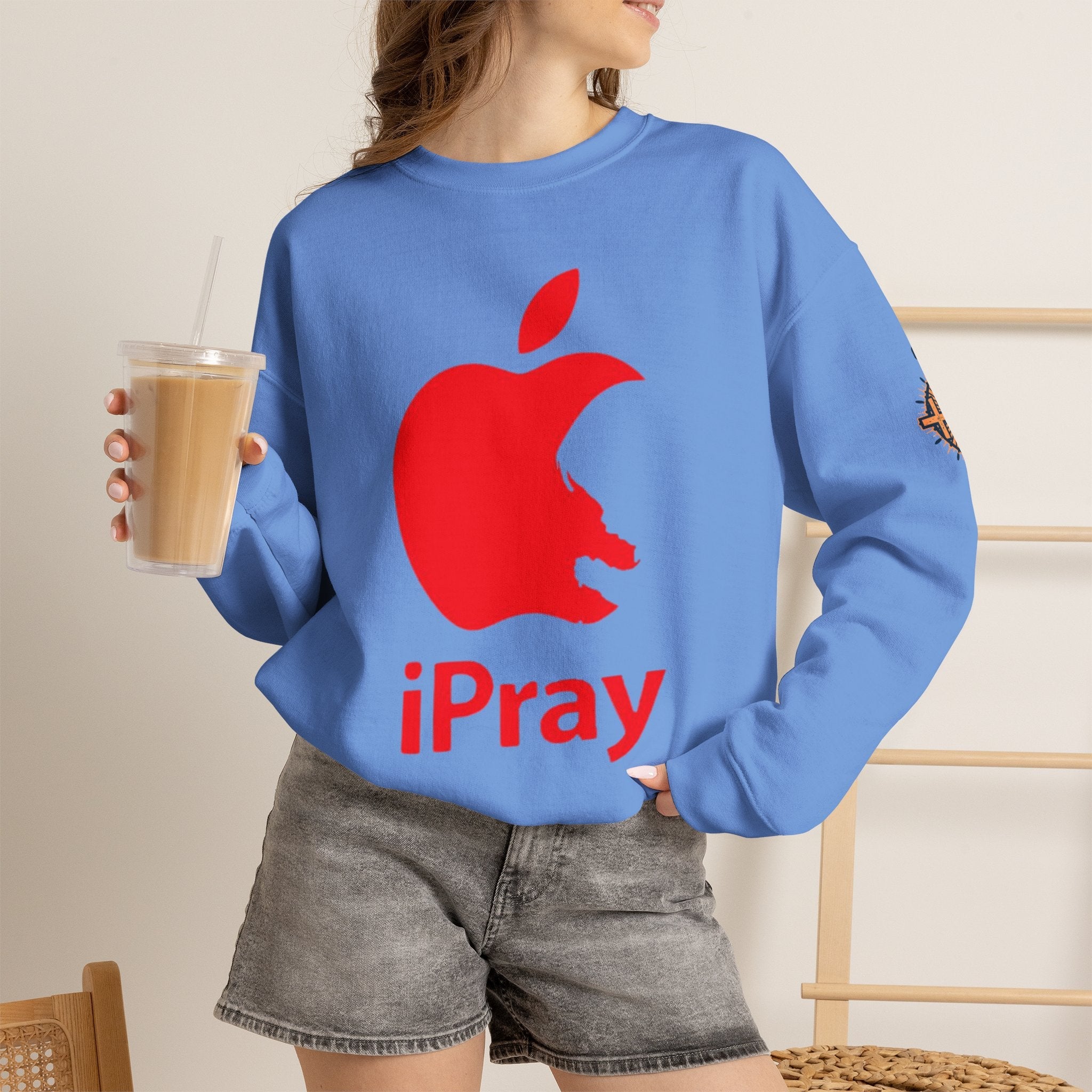 iPray Apple Logo Sweatshirt — Funny Christian Sweatshirt (Minimal Red Apple Graphic) Printify