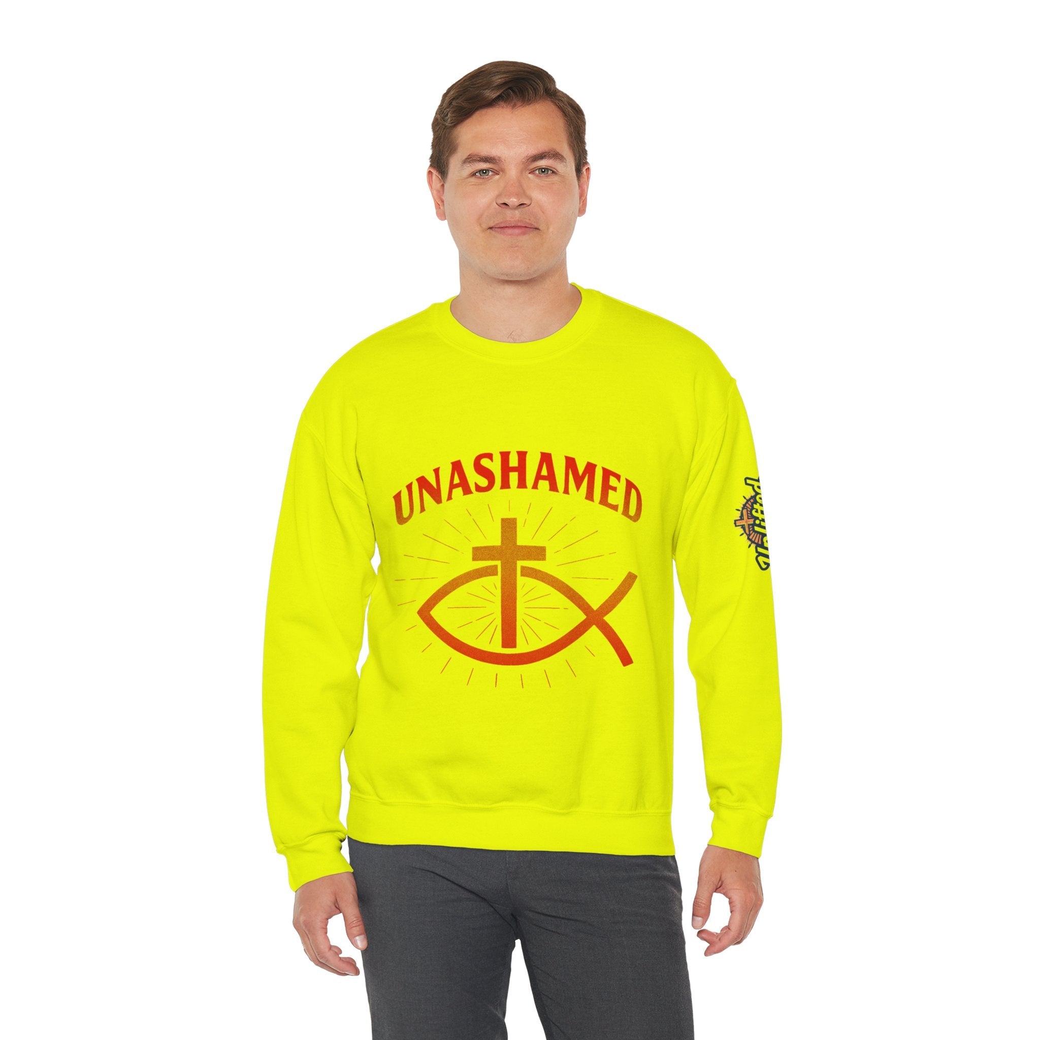 Unashamed Sweatshirt – Ichthys Jesus Fish & Cross Christian Sweatshirt for Romans 1:16 Bold Faith Printify