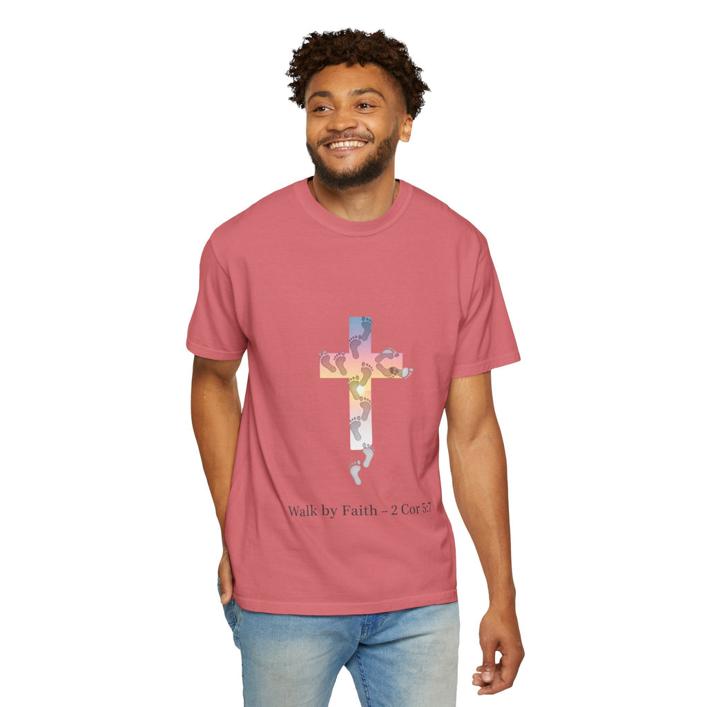 Walk by Faith T-Shirt – Cross & Footprints Christian Tee for Bold Believers Printify