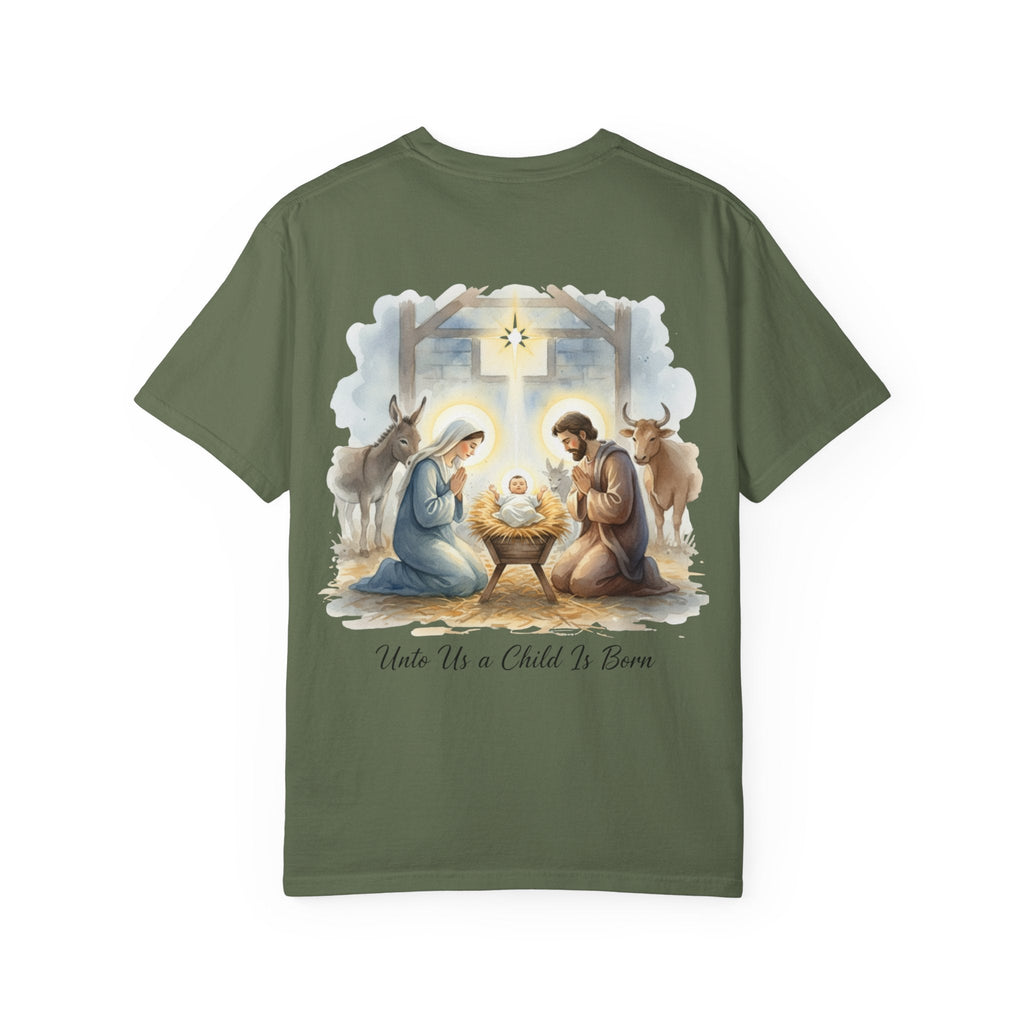 Unto Us a Child is Born T-shirt – Isaiah 9:6 Nativity Manger Scene Christian Christmas T-shirt for Holy Night Faith Printify