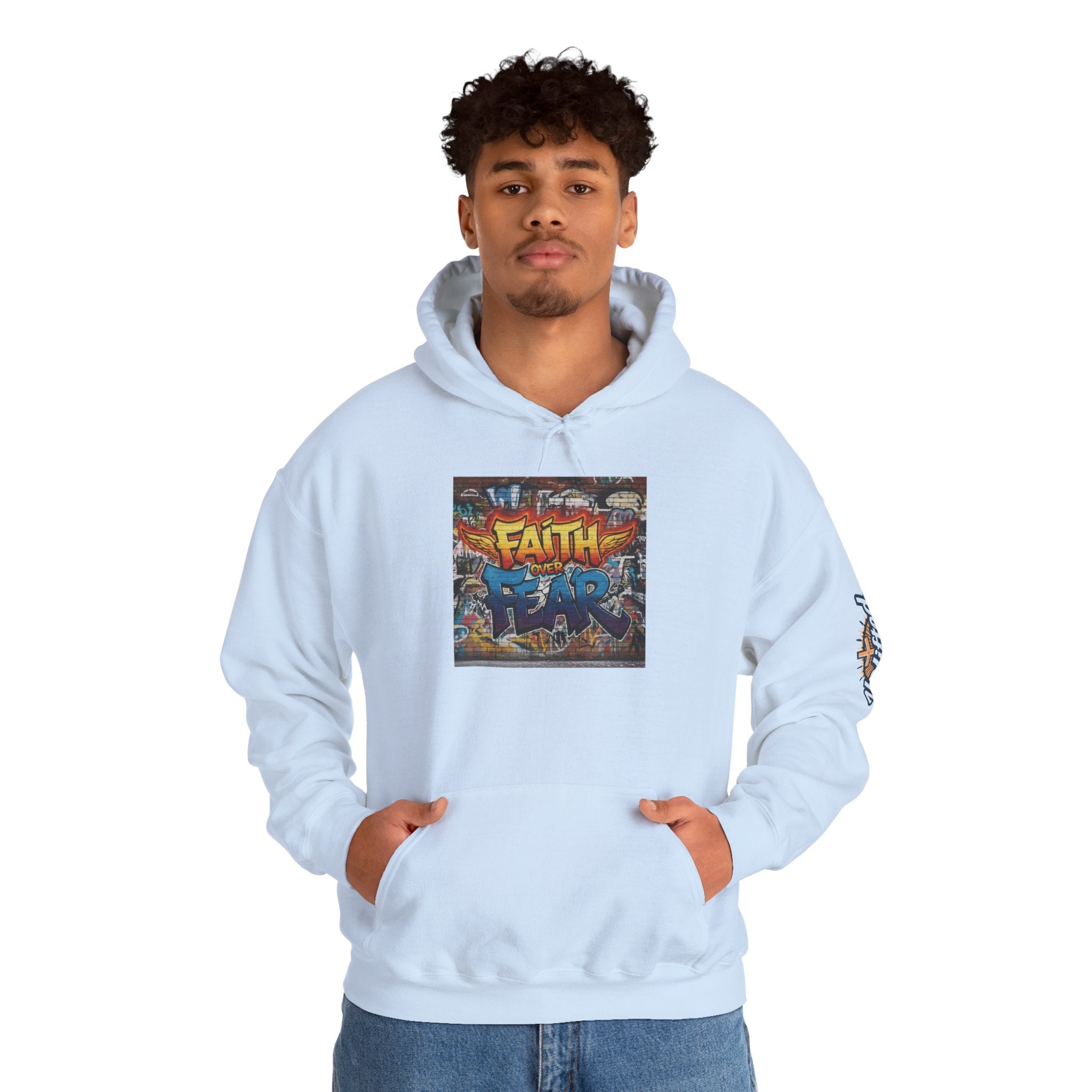 Faith Over Fear Hoodie – Graffiti Wall Christian Sweatshirt for Bold 2 Corinthians 5:7 Streetwear & Unshakable Faith Printify