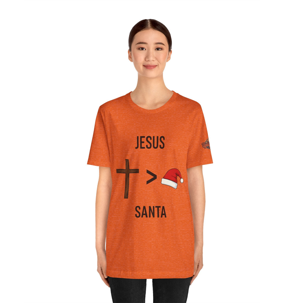 🎄 Jesus > Santa – Minimalist Christian Christmas T-Shirt | Bold Faith Over Holiday Tee | Cross vs Santa Hat Design | Uplifted Gear Printify