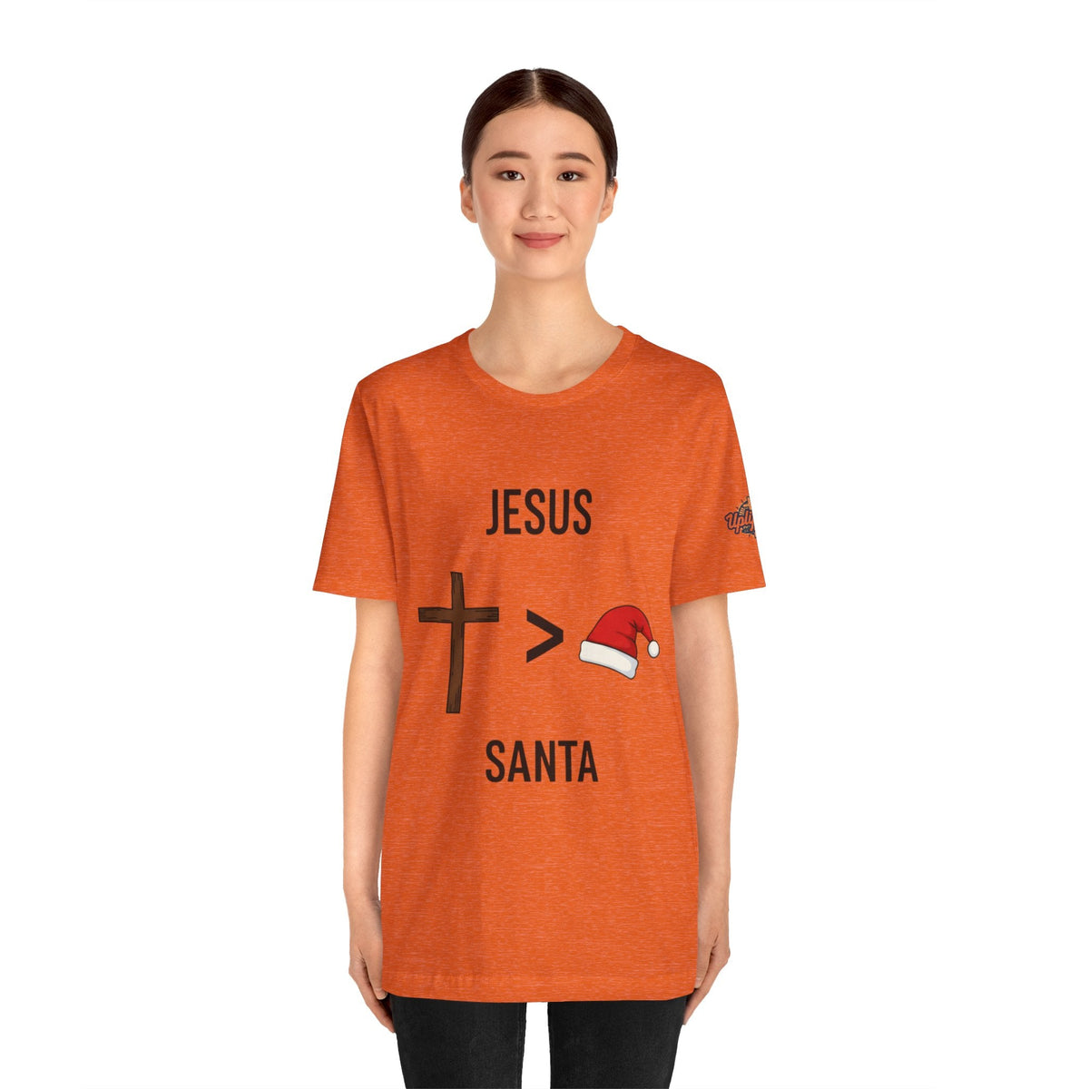 🎄 Jesus > Santa – Minimalist Christian Christmas T-Shirt | Bold Faith Over Holiday Tee | Cross vs Santa Hat Design | Uplifted Gear Printify