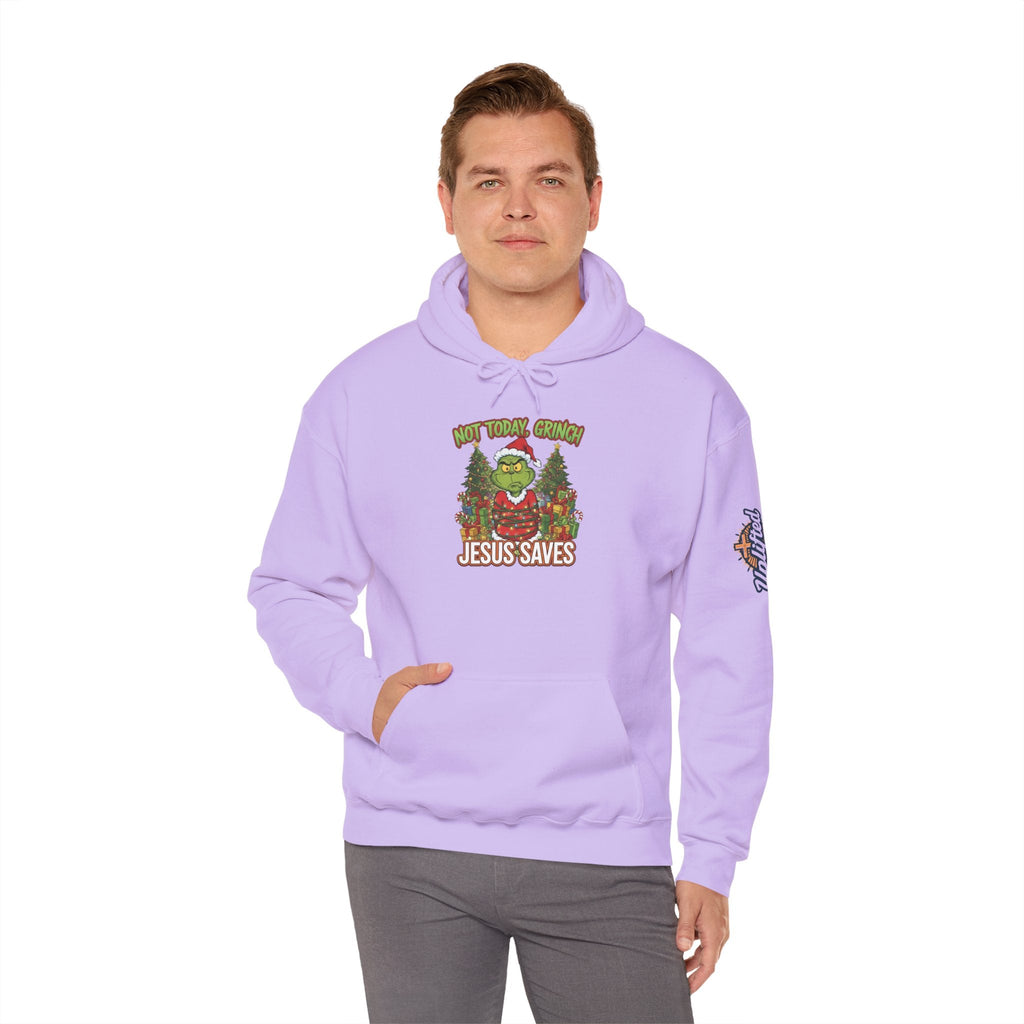 🎄 Not Today, Grinch – Jesus Saves | Funny Christian Christmas Hoodie | Sulking Grinch & Glowing Cross | Bold Neon Faith Tee by Uplifted Gear Printify