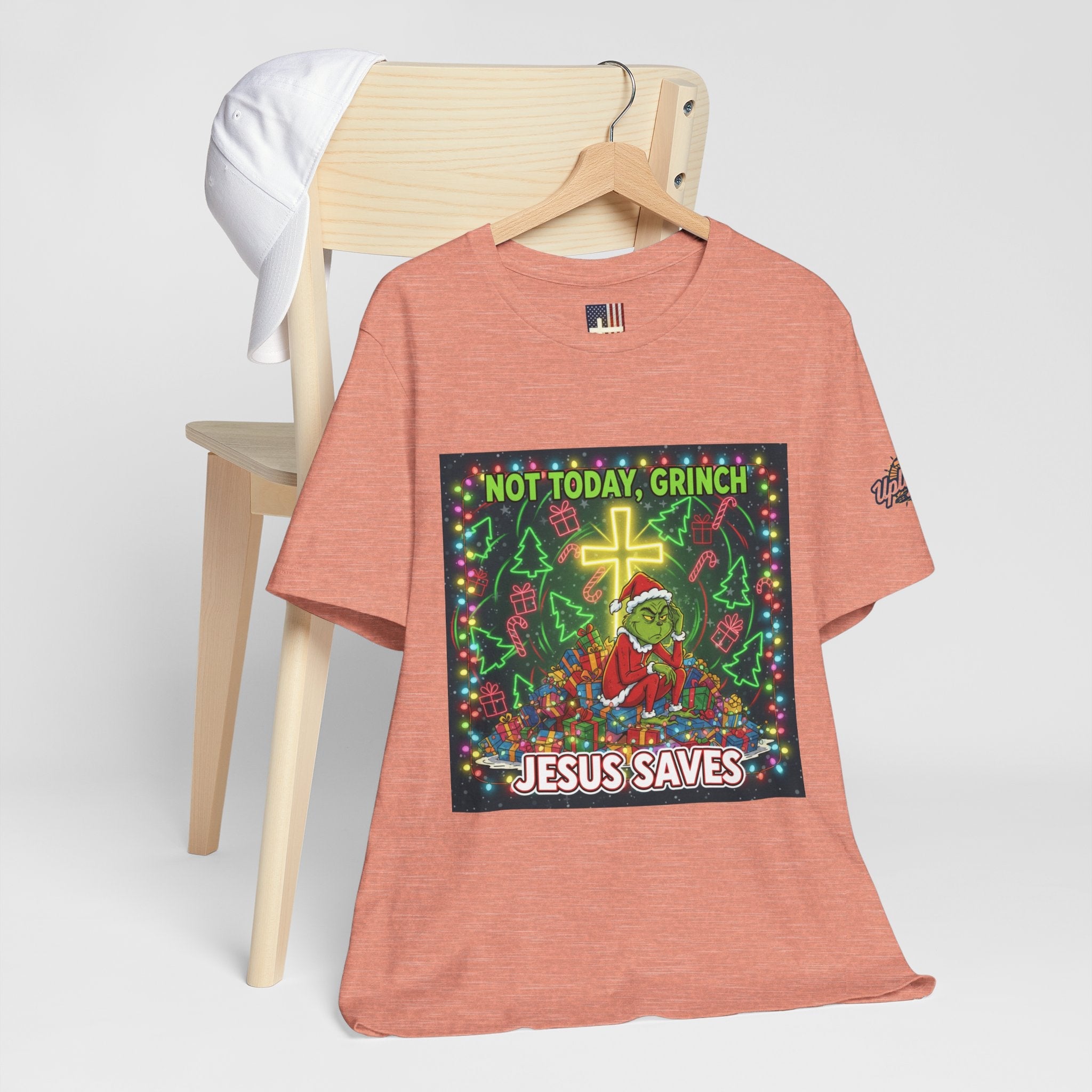 🎄 Not Today, Grinch – Jesus Saves | Funny Christian Christmas T-Shirt | Festive Green & Red Cartoon Style | Bold Faith Holiday Tee by Uplifted Gear Printify