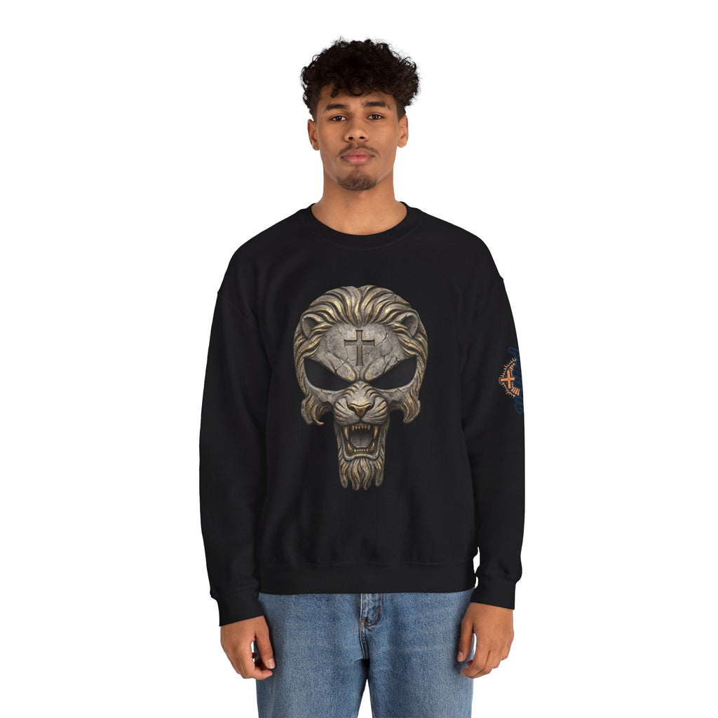 Lion of Judah Skull Christian Sweatshirt - Warrior Faith Cross Sweatshirt Printify
