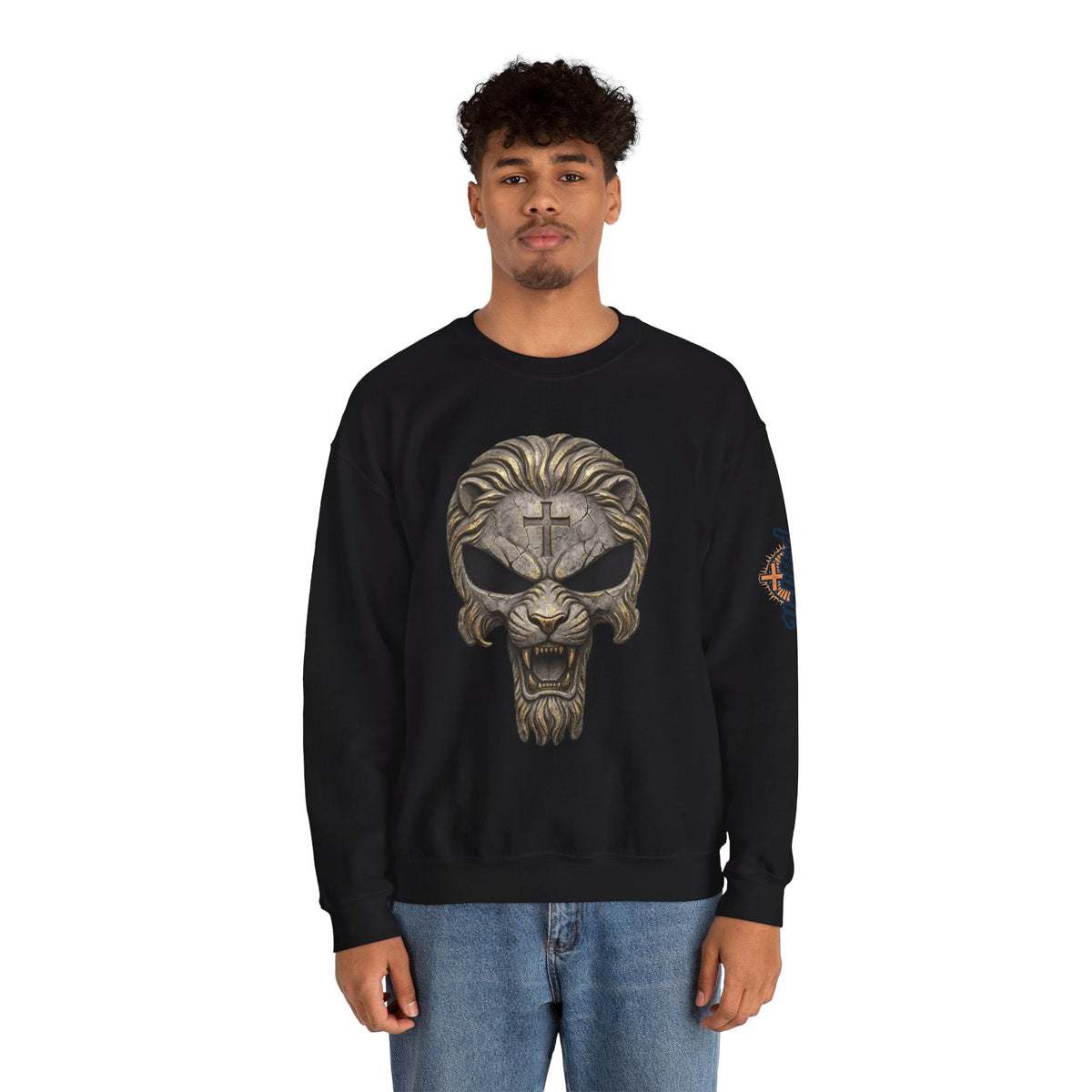 Lion of Judah Skull Christian Sweatshirt - Warrior Faith Cross Sweatshirt Printify