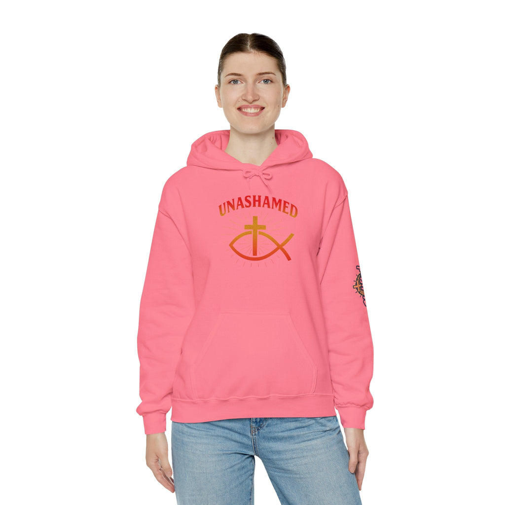 Unashamed Hoodie – Ichthys Jesus Fish & Cross Christian Sweatshirt for Romans 1:16 Bold Faith Printify