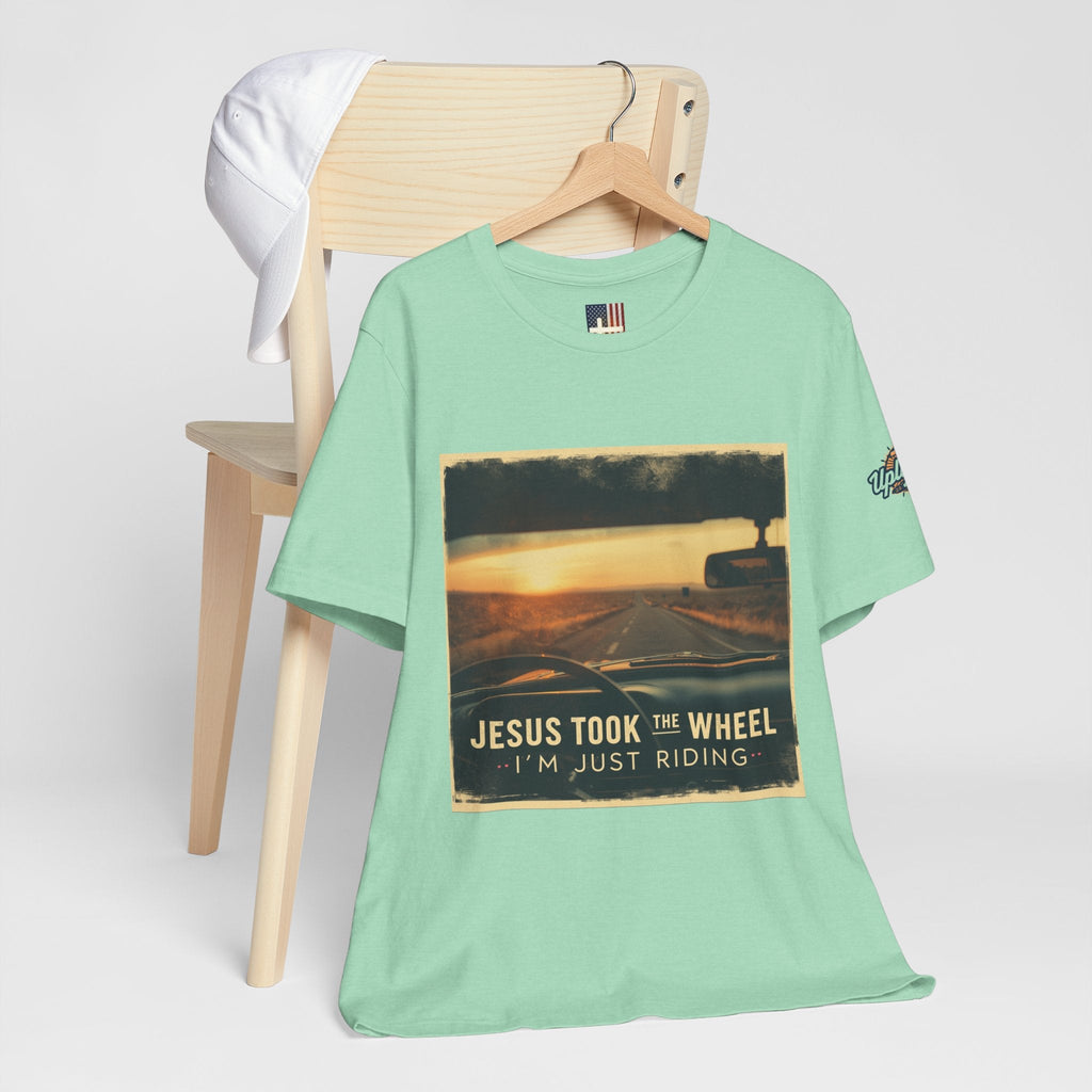 Jesus Took the Wheel I'm Just Riding T-shirt – Funny Christian Convertible Car T-shirt for Surrendered Faith & Humor Printify
