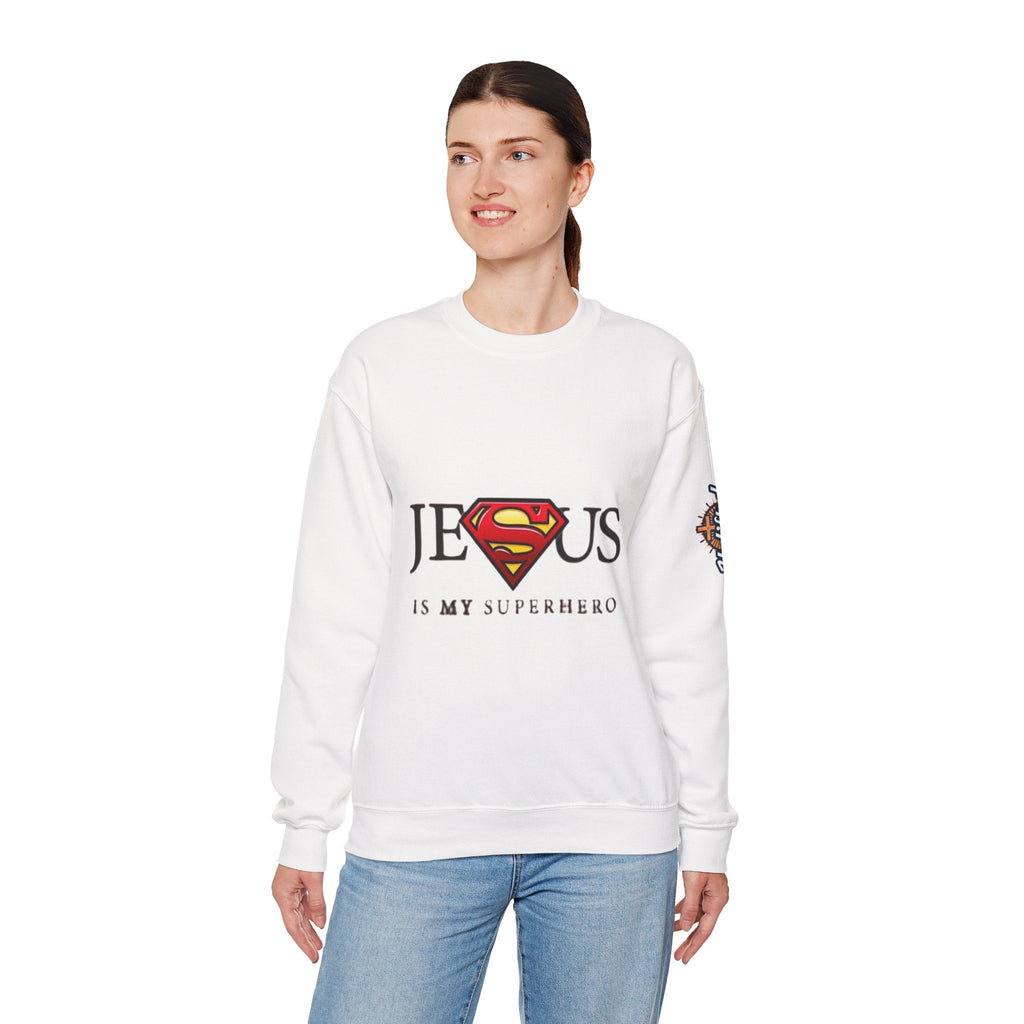 Jesus Is My Superhero Crewneck Sweatshirt Printify