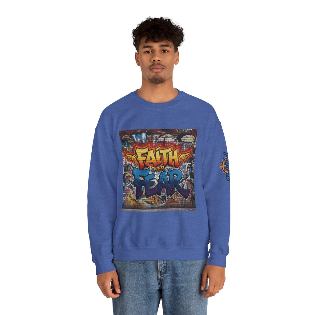 Faith Over Fear Sweatshirt – Graffiti Wall Christian Sweatshirt for Bold 2 Corinthians 5:7 Streetwear & Unshakable Faith Printify