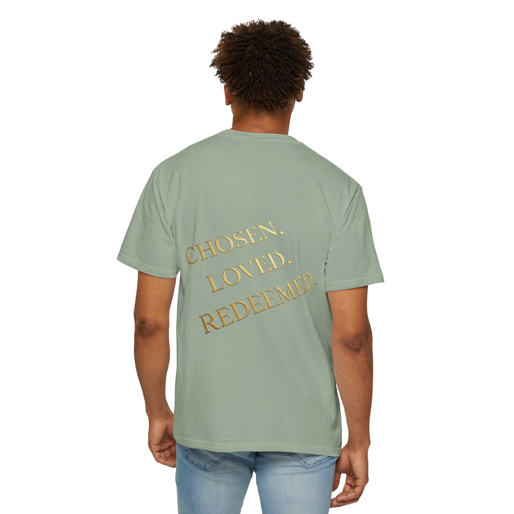 ✨ Chosen. Loved. Redeemed. – Elegant Christian T-Shirt | Gold Foil Faith Tee | Subtle Cross & Heart Design | Inspirational Bible Verse Apparel by Uplifted Gear Printify