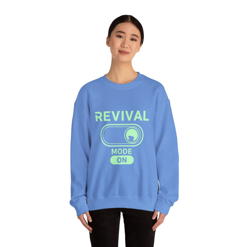 🔥 Revival Mode: ON – Christian Techwear Sweatshirt | Glowing Green Faith Switch | Futuristic Jesus Shirt | Activate Your Spiritual Awakening | Uplifted Gear Printify