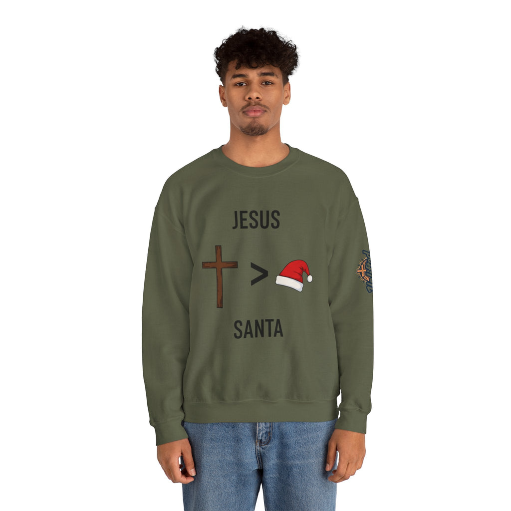 🎄 Jesus > Santa – Minimalist Christian Christmas Sweatshirt | Bold Faith Over Holiday Tee | Cross vs Santa Hat Design | Uplifted Gear Printify