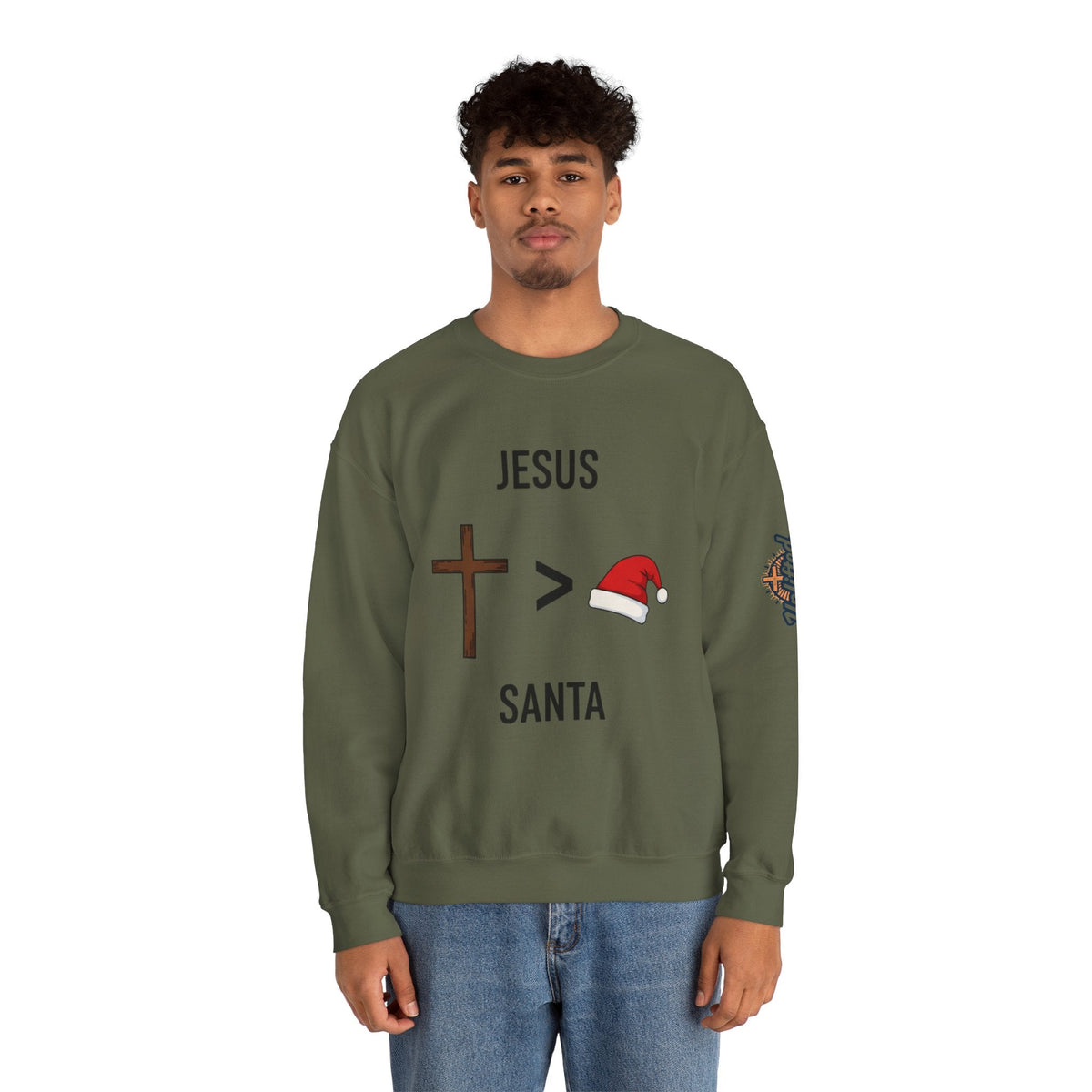 🎄 Jesus > Santa – Minimalist Christian Christmas Sweatshirt | Bold Faith Over Holiday Tee | Cross vs Santa Hat Design | Uplifted Gear Printify
