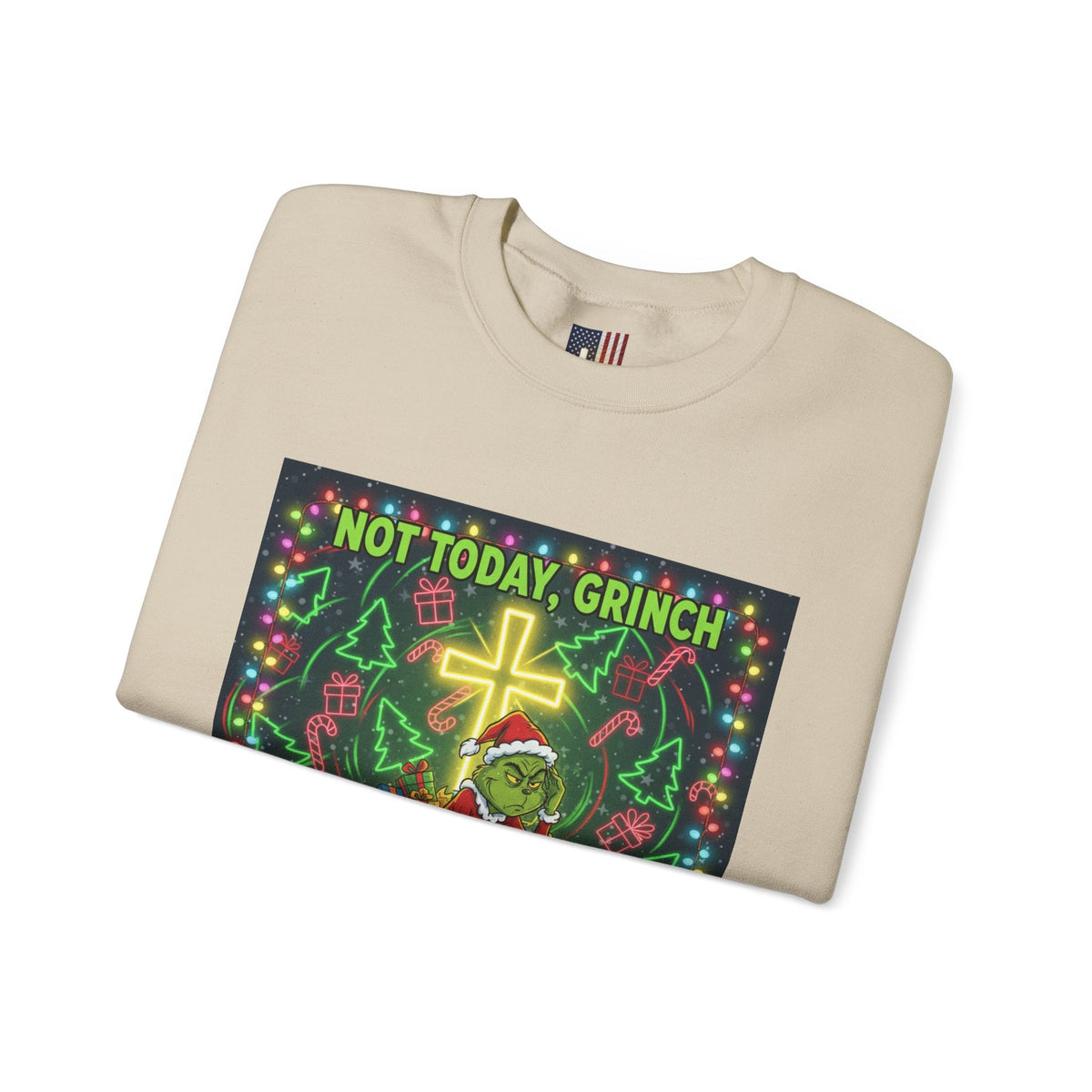 🎄 Not Today, Grinch – Jesus Saves | Funny Christian Christmas Sweatshirt | Festive Green & Red Cartoon Style | Bold Faith Holiday Tee by Uplifted Gear Printify