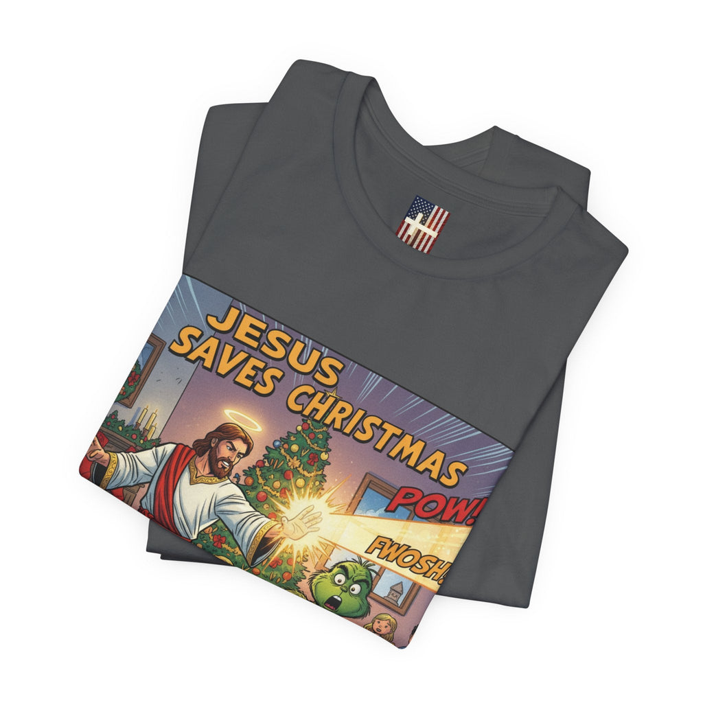 Jesus Saves Christmas T-shirt – Grinch vs Savior Light Battle Christian T-shirt for Hilarious Holiday Faith & True Joy Printify