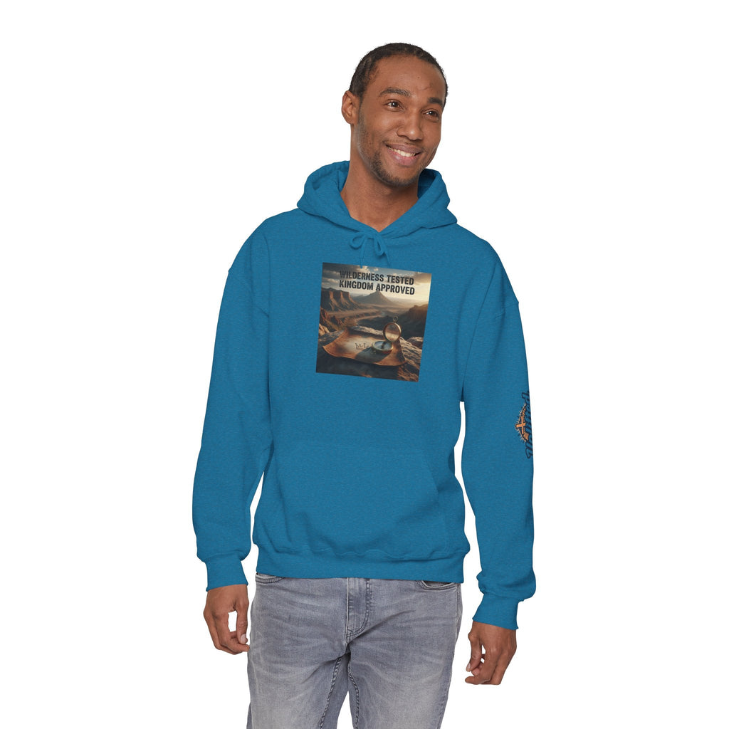 Wilderness Tested Kingdom Approved Hoodie – Mountain Desert Compass Crown Christian Sweatshirt for Biblical Adventure Faith Printify