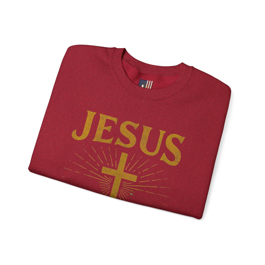 Jesus Saves Sweatshirt – Radiant Cross & Rays of Light Christian Sweatshirt for Eternal Hope & Faith Printify